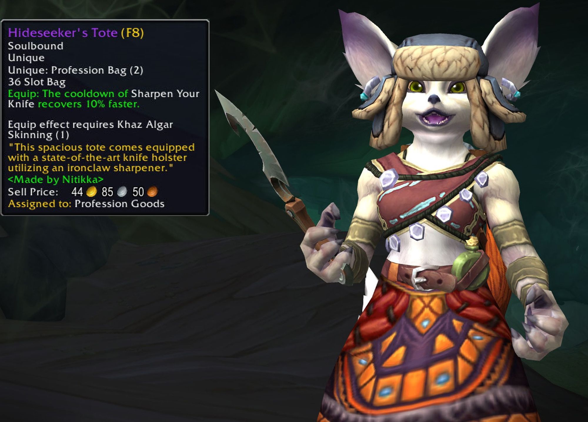 Sekhi in her skinning gear, with her Hideseeker's Tote which causes her ability to sharpen her knife to cooldown faster (54 minutes instead of 60 minutes.)