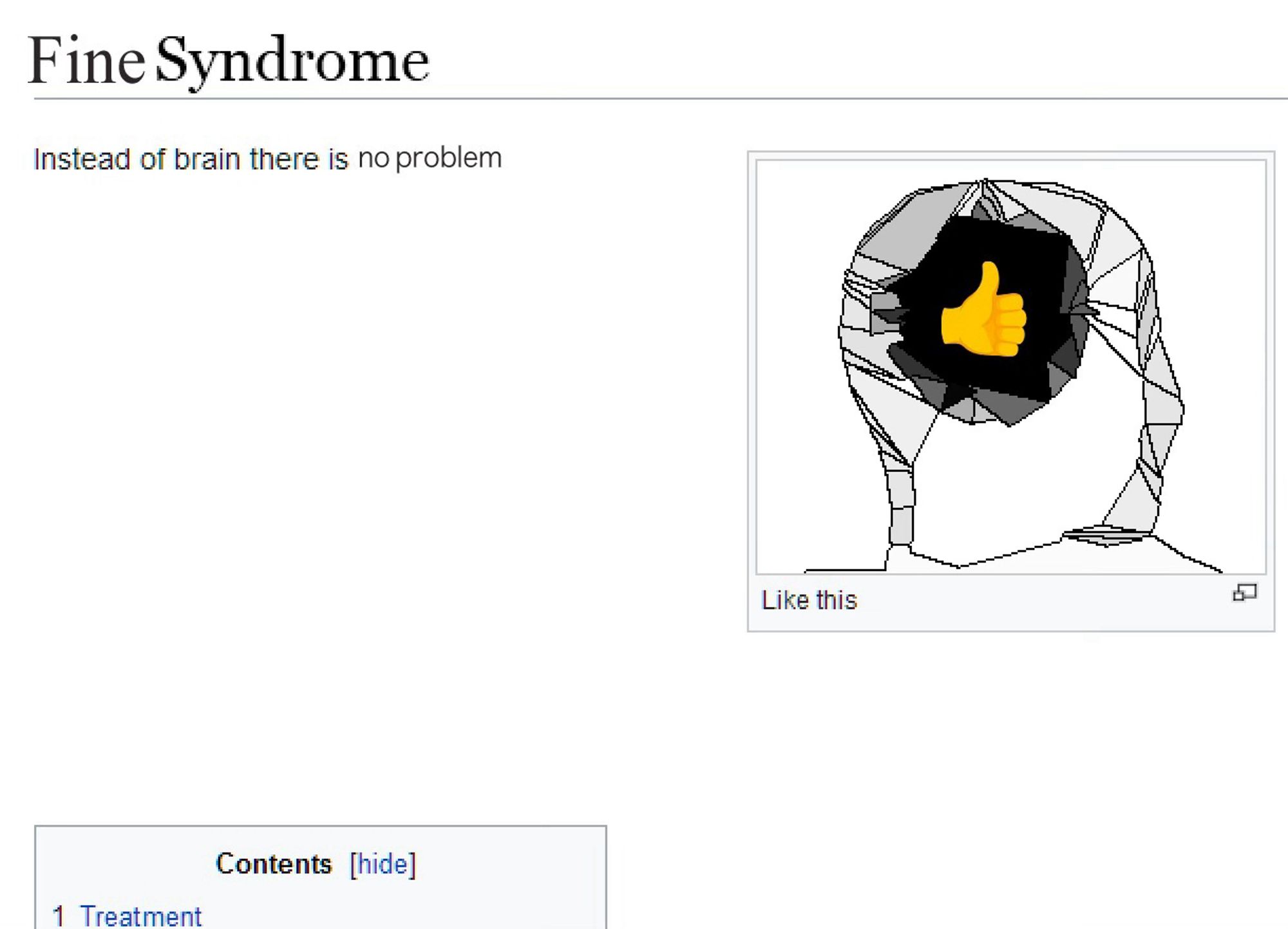 Fine Syndrome Wikipedia page. Features a sketchy head with a black hole in the middle with a thumbs up in the middle. It says “instead of brain there is no problem”