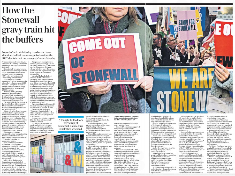 How the Stonewall gravy train came to an end
Accused of mob rule in forcing trans laws on bosses, a ferocious backlash has seen organisations leave the LGBT charity in their droves, reports Sanchez Manning