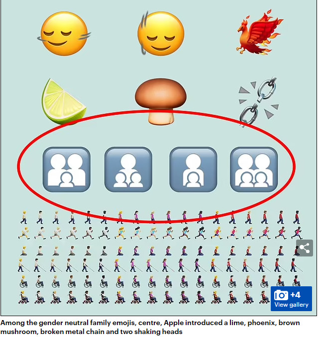 New Apple emojis as published by the Daily Mail featuring a row of four circled. The four circled contained figures with no features in various family combinations of 1 or 2 adults with 1 or 2 children