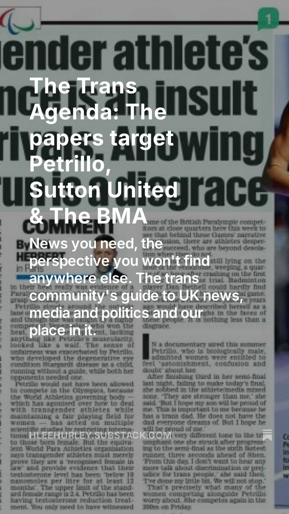 Headline:

The Trans Agenda: The papers target Petrillo, Sutton United & The BMA

Subheading:

News you need, the perspective you won't find anywhere else. The trans community's guide to UK news, media and politics and our place in it.