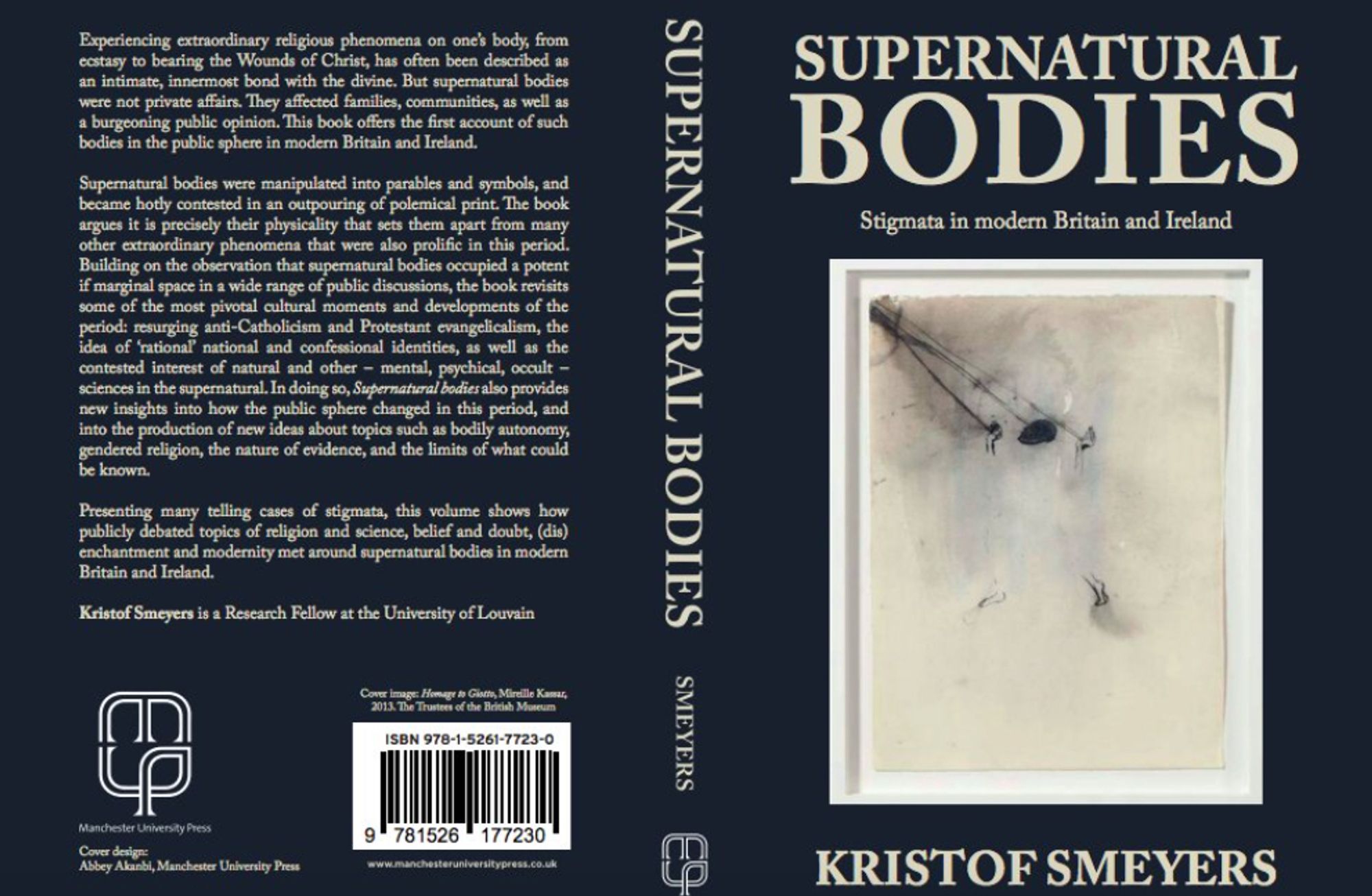 book jacket of my book, 'Supernatural bodies: stigmata in modern Britain and Ireland', with Mireille Kassar's 'Homage to Giotto' on the cover