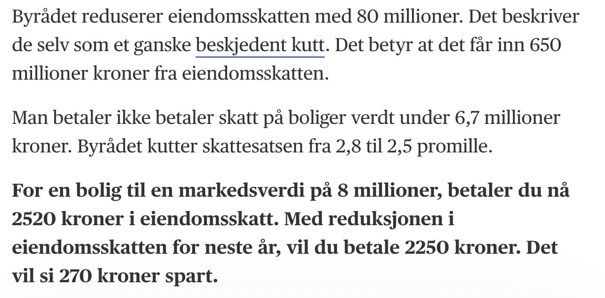 Byrådet reduserer eiendomsskatten med 80 millioner. Det beskriver de selv som et ganske beskjedent kutt. Det betyr at det får inn 650 millioner kroner fra eiendomsskatten. 

Man betaler ikke betaler skatt på boliger verdt under 6,7 millioner kroner. Byrådet kutter skattesatsen frå 2,8 til 2,5 promille.

For en bolig til en markedsverdi på 8 millioner, betaler du nå 25020 kroner i eiendomsskatt. Med reduksjonen i eiendomsskatten for neste år, vil du betale 2250 kroner. Det vil si 270 kroner spart.

(Skjermdump frå aftenposten.no)