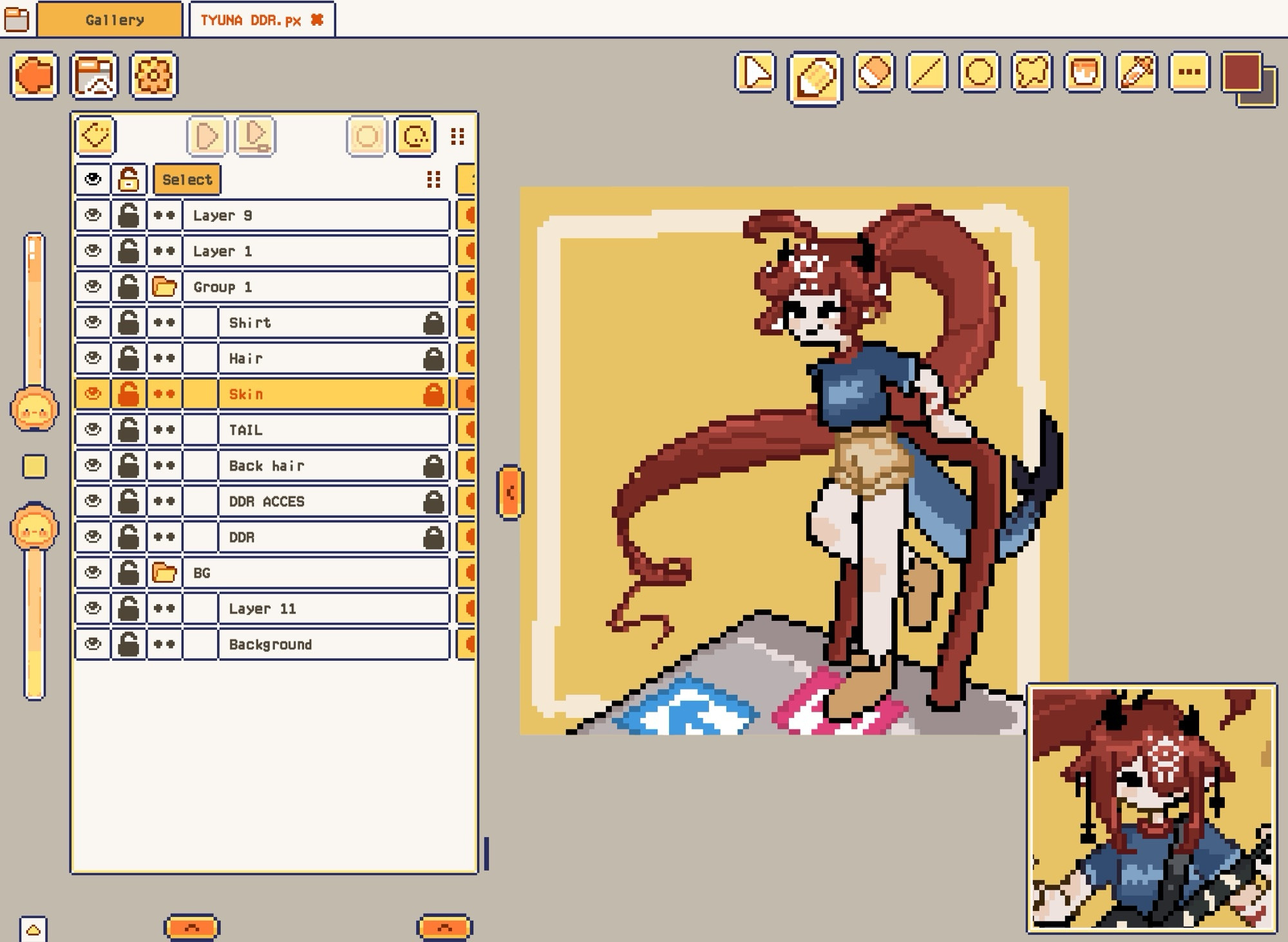 Pixel art WIP of Tyuna, a VTuber. The screenshot is from the app Pixquare.