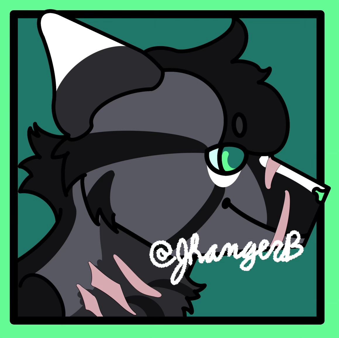 Headshot of falconstep, an OC that belongs to Arlo (cryptic_faun on artfight). Falconstep is a grey, black, and white cat with pink scars on his neck and muzzle. He has green eyes.
The background is two squares of green, one inside the other, with an outline of black around the inner square. Some parts of the character are outside the black outline of the background while other parts stop at the black outline.
Made in procreate