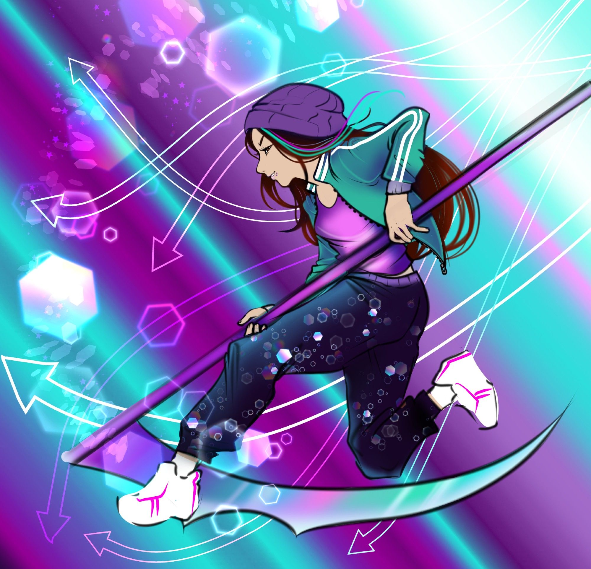 Creator KaitoSai dress in a teal track jacket and dark blue pants, white shoes and a purple beanie. They are leaping forward with a purple scythe in their hands.