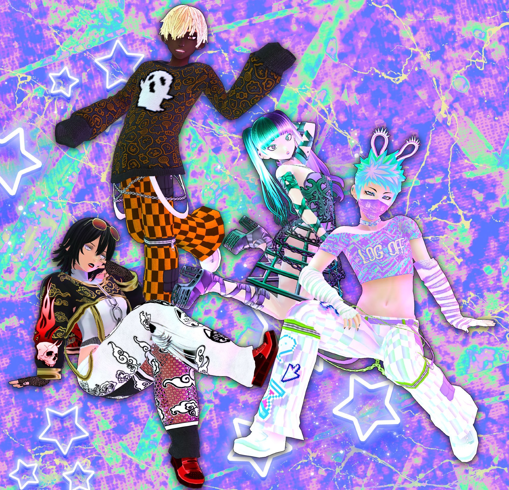 Several VRoid model samples posed together, including one woman in a red and white kitsune themed outfit with joggers, one person with neon bunny ears and a mask in a cyberwave themed rave outfit, one model with a halloween themed long sleeved sweater and checkered pants, and a model with teal and purple hair and cage dress outfit