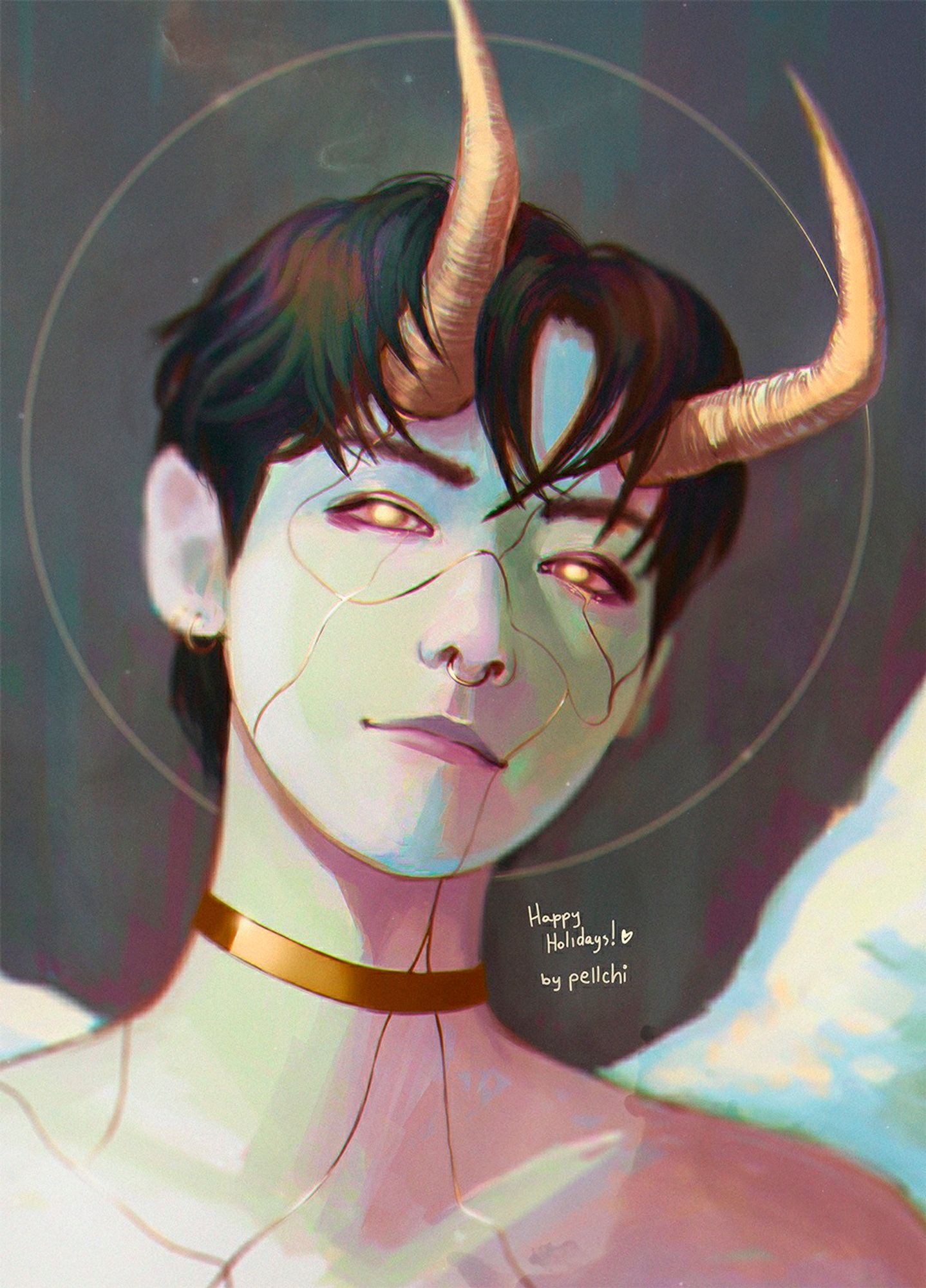 Portrait of a male demon with angel wings and colorful lighting.