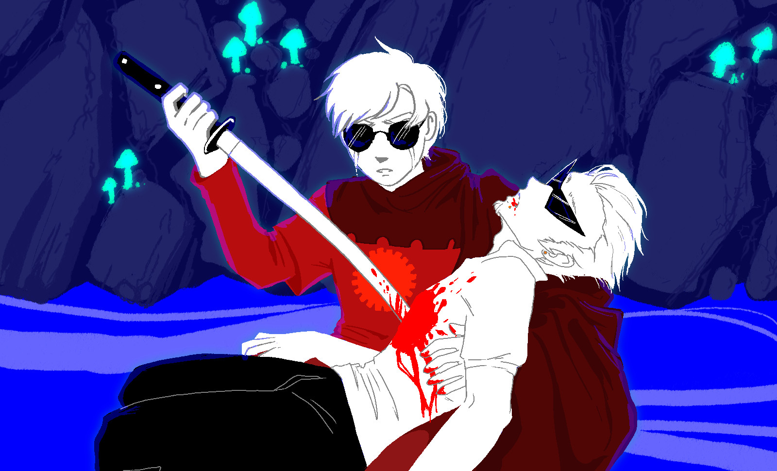 drawing of Bro and Dave Strider from homestuck depicting the scene of Bro's death. He has a sword in his chest and is being cradled by Dave who holds the sword as if to pull it out or push it in deeper.