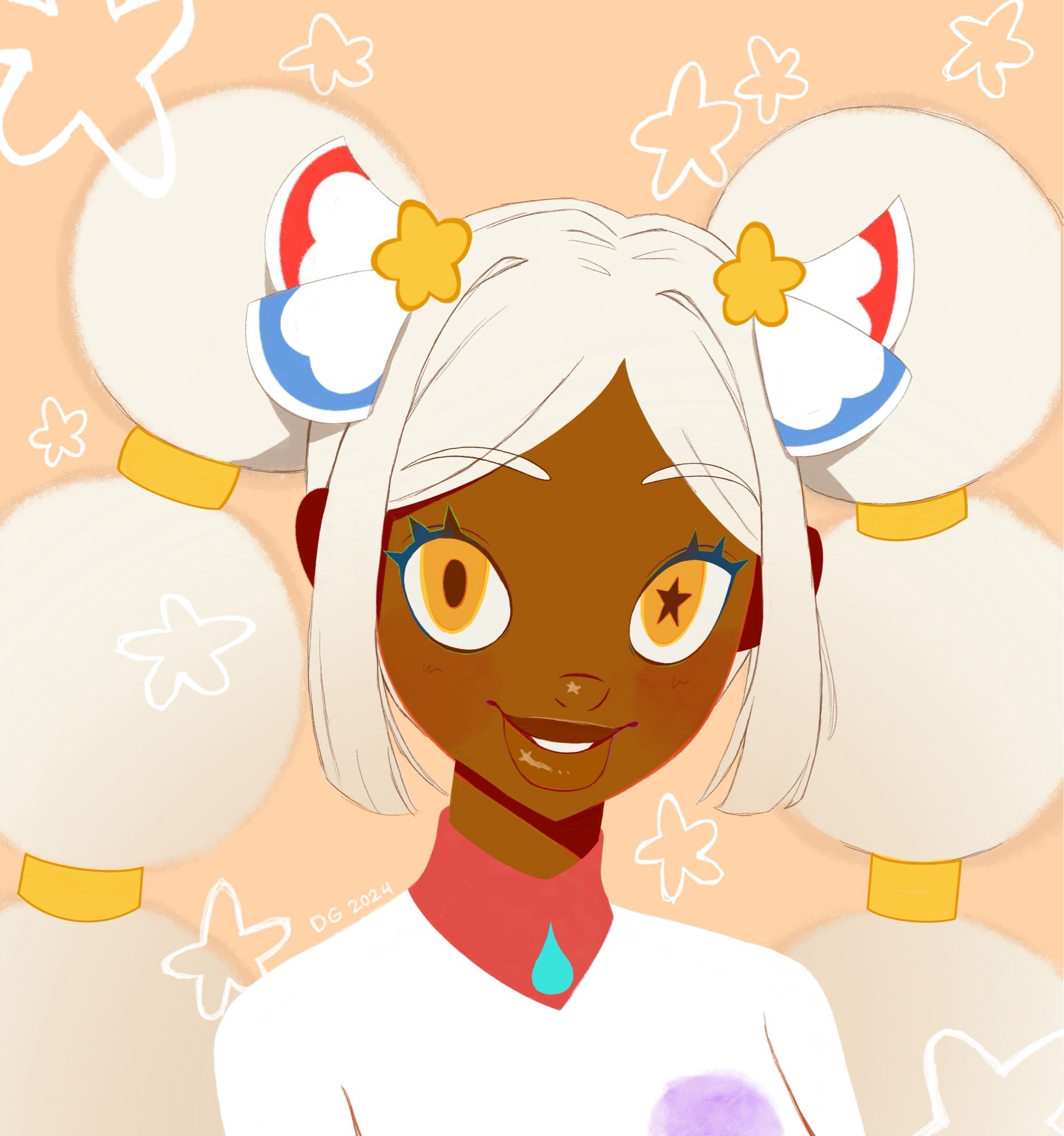 Bust up art of my oc Ami Pori She has dark skin, yellow eyes with a star shaped pupil on the right eye, white hair with yellow star shaped hair clips that have white bows with separate red and blue lines on each end , she is wearing a red collared white shirt with a turquoise gem on her collar, she has a planet logo on the right of her shirt