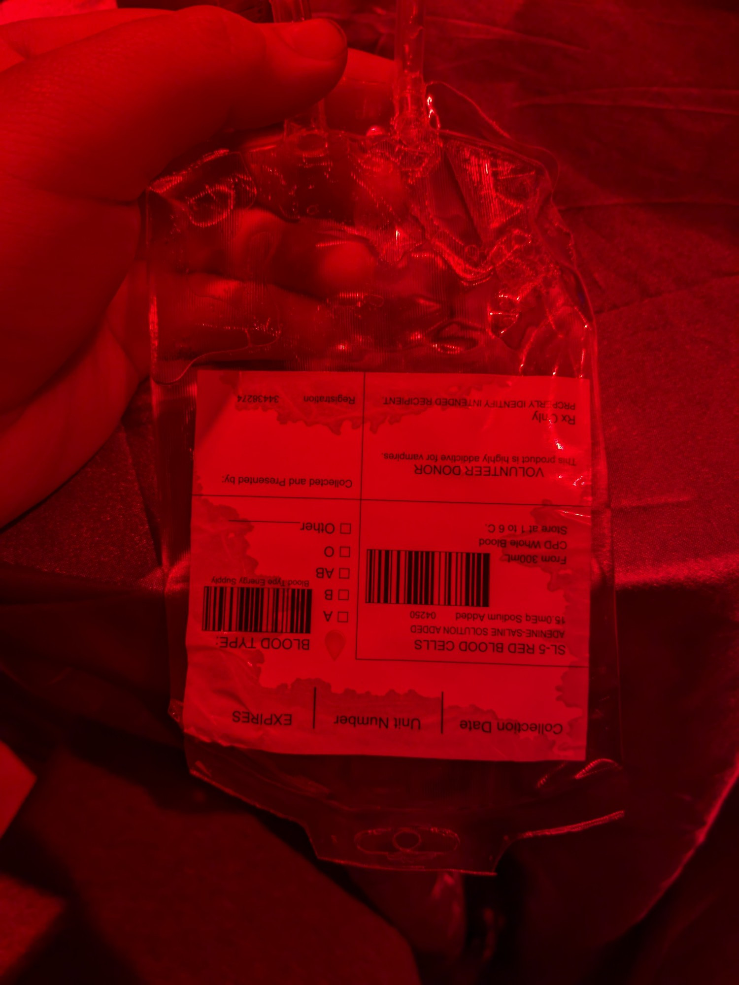 A blood bag describing a vampire theme cocktail