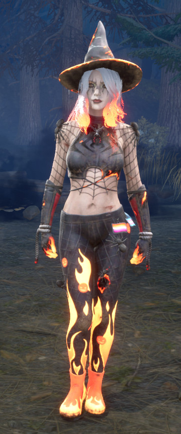 A character from Dead by Daylight named Sable Ward is shown wearing a Halloween-themed outfit. She has long, white hair and a witch's hat with a glowing orange brim. Her top is a black crop top with a spiderweb pattern, and her pants are black with fiery orange flames rising from the bottom. Her hands and feet also glow with the same fiery orange, and she has an eerie, ghostly appearance with dark eye sockets.