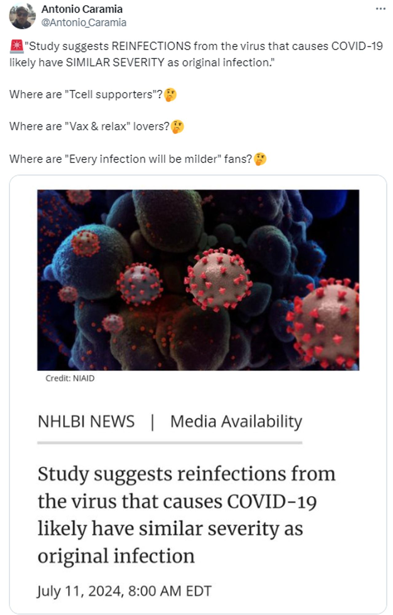 🚨"Study suggests REINFECTIONS from the virus that causes COVID-19 likely have SIMILAR SEVERITY as original infection."

Where are "Tcell supporters"?🤔

Where are "Vax & relax" lovers?🤔

Where are "Every infection will be milder" fans?🤔