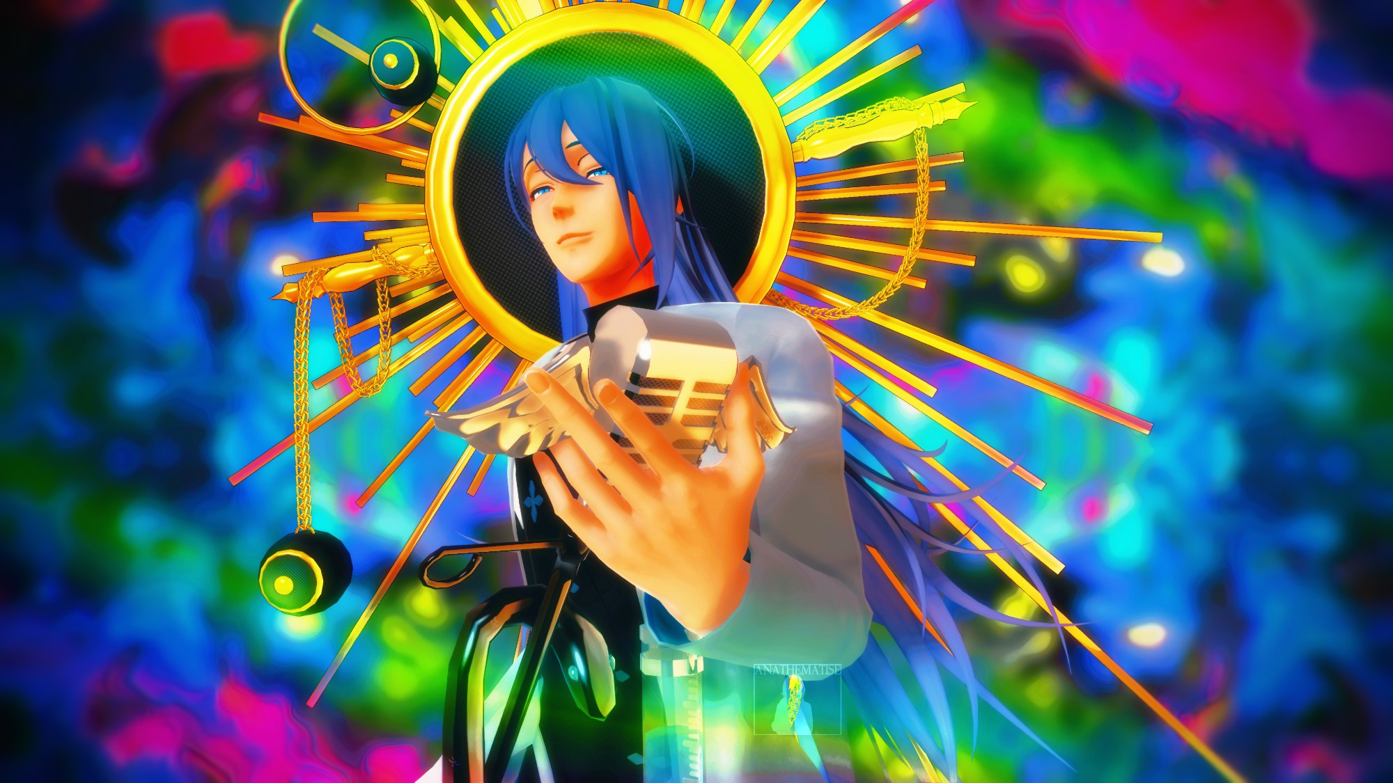 Jinguji Jakurai, aka Ill-DOC, from multimedia franchise Hypnosis Microphone, standing against a psychedelic background of blues, greens, and purples. 

While he's smiling and looking toward the viewer, he's holding his iconic microphone in a slight diagonal angle, that's in the shape and style of the medical's industry symbol of the wings, staff, and snake.

His golden speaker in the shape a bright halo that's a reminiscent of the halos seen in catholic pictures of Jesus floating behind his head.