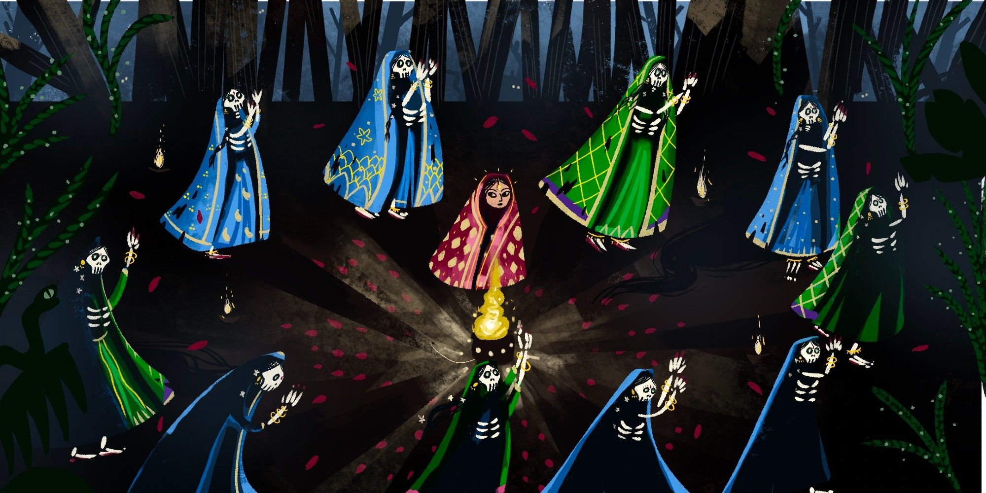 undead gopis in the forest, playing garba around one living person who stands alert by the lit pot