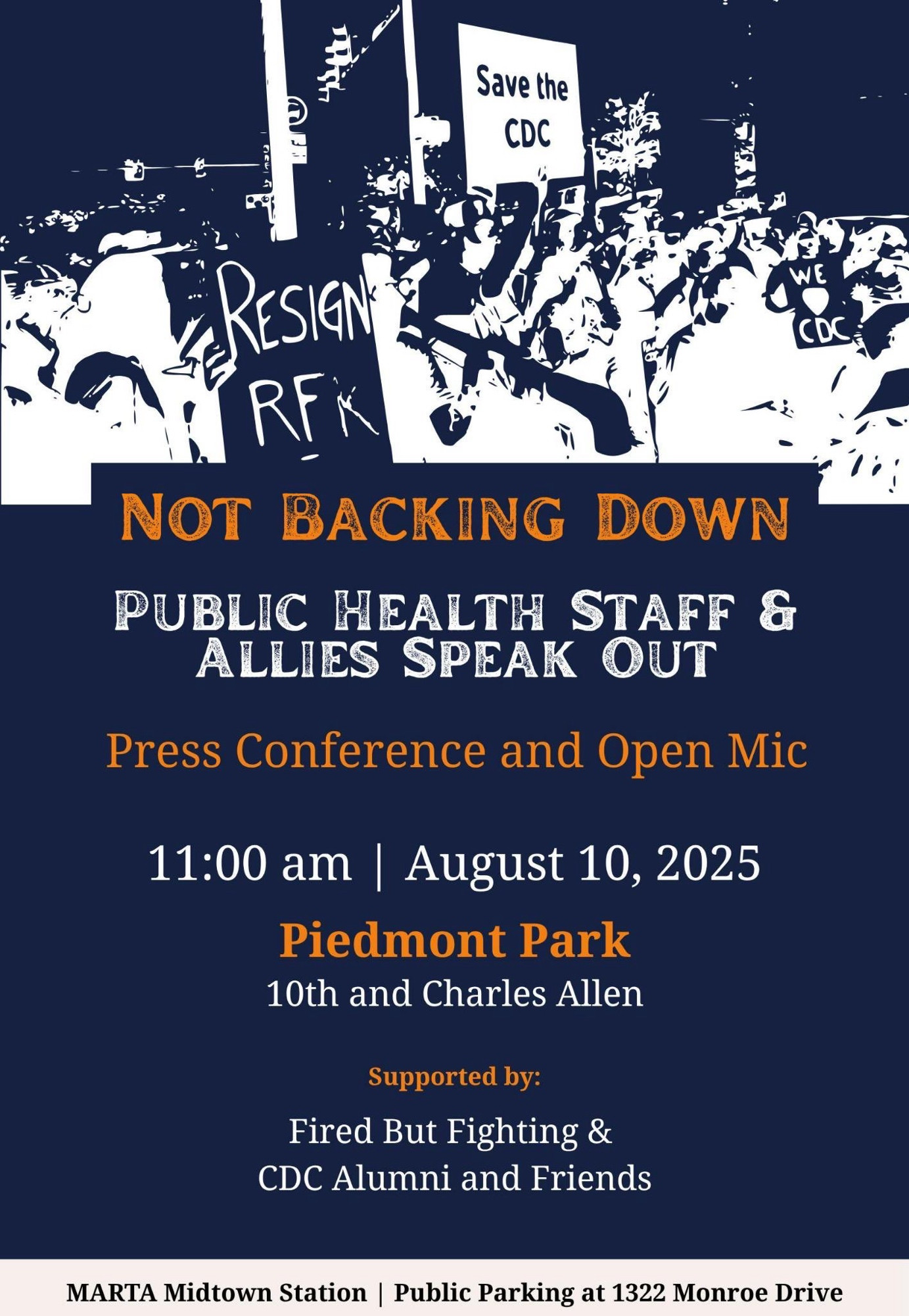 Navy, white, orange protest flyer. Today 11am at piedmont park—10th and Charles Allen. 