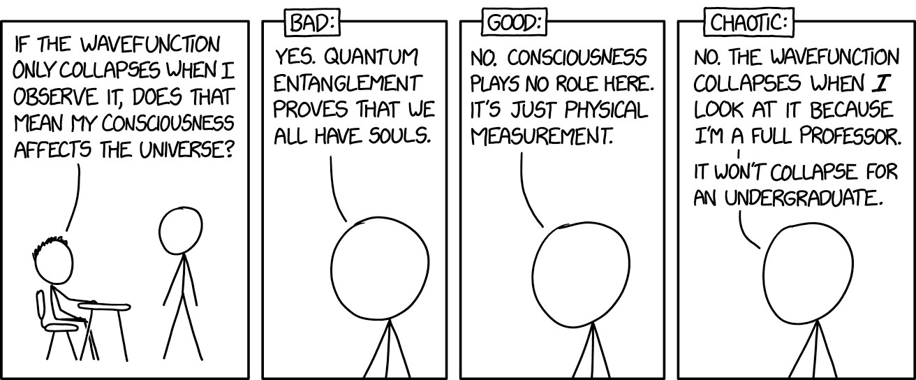 4-panel Comic. (1) STUDENT: If the wavefunction only collapses when I observe it, does that mean my consciousness affects the universe? (2) [Bad:] PROFESSOR: Yes, quantum entanglement proves that we all have souls. (3) [Good:] PROFESSOR: No, consciousness plays no role here. It’s just physical measurement. (4) [Chaotic:] PROFESSOR: No. The wavefunction collapses when *I* look at it because I’m a full professor. It won’t collapse for an undergraduate. 