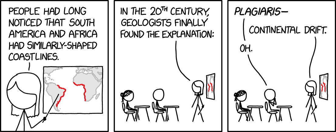 Comic. (1) [Teacher points to world map that highlights the edges of South America’s eastern coastline and Africa’s western coastline.] TEACHER: People had long noticed that South America and Africa had similarly-shaped coastlines. (2) TEACHER: In the 20th century, geologists finally found the explanation. (3) STUDENT: *Plagiaris*— TEACHER: Continental drift. STUDENT: Oh. 