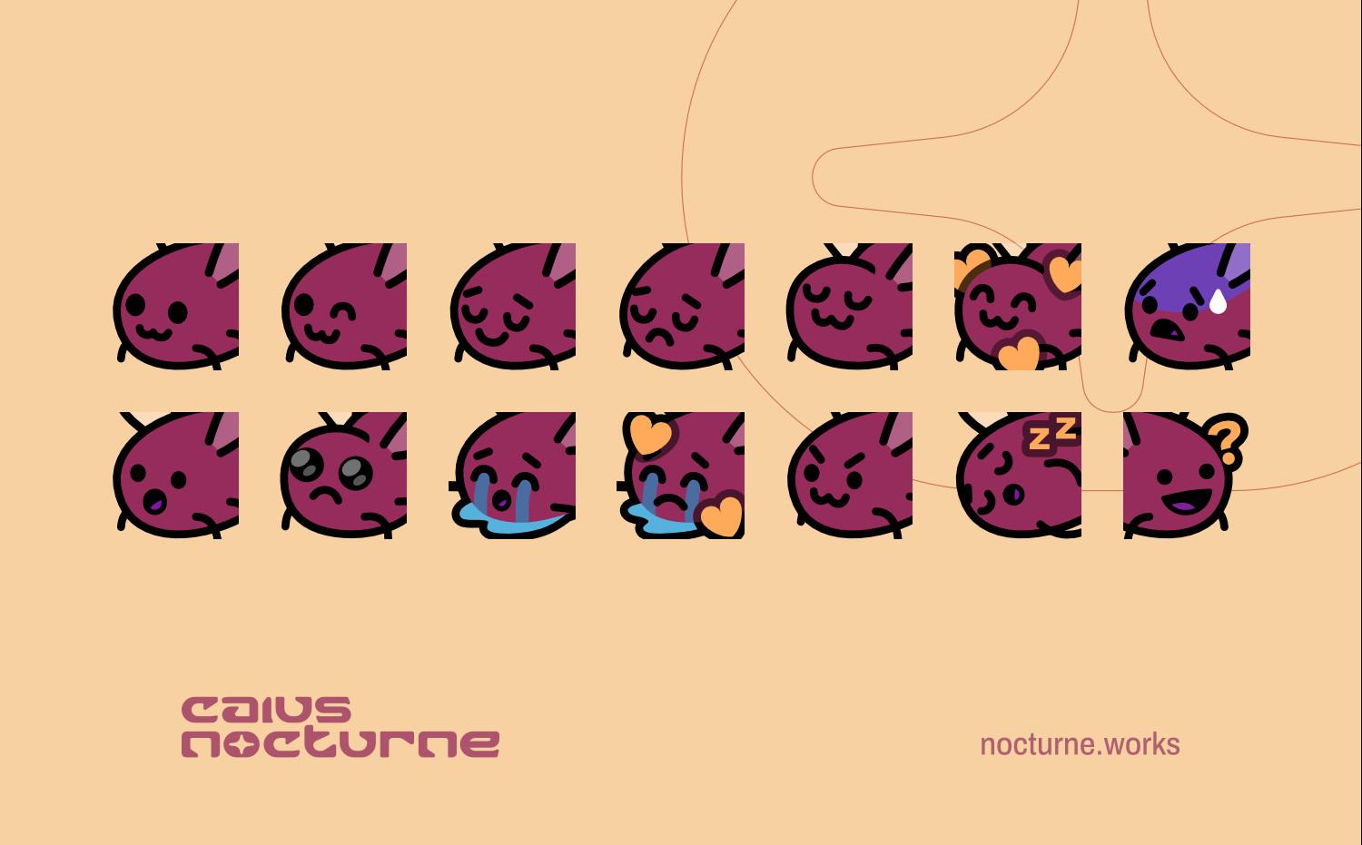 A collection of twelve emotive icons, each of a round mauve bug character (Eggbug) with a variety of expressions including happiness, sadness, love, surprise, and sleepiness. The designer's logotype and URL are at the bottom of the image - Caius Nocturne, nocturne.works.