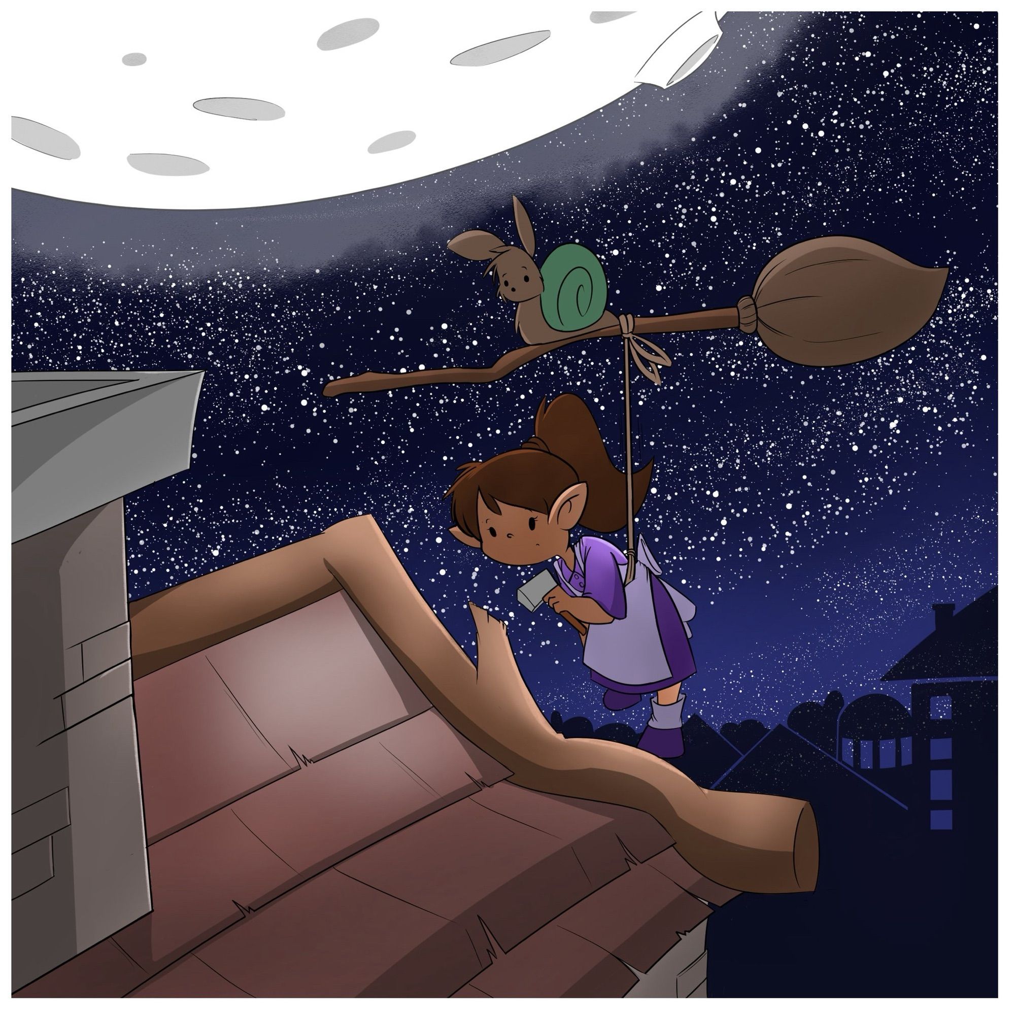 Archie repairing a roof, she is suspended by her waist to a floating broom piloted by cookie. A cityscape silhouette fills the background under a starry sky and a massive moon