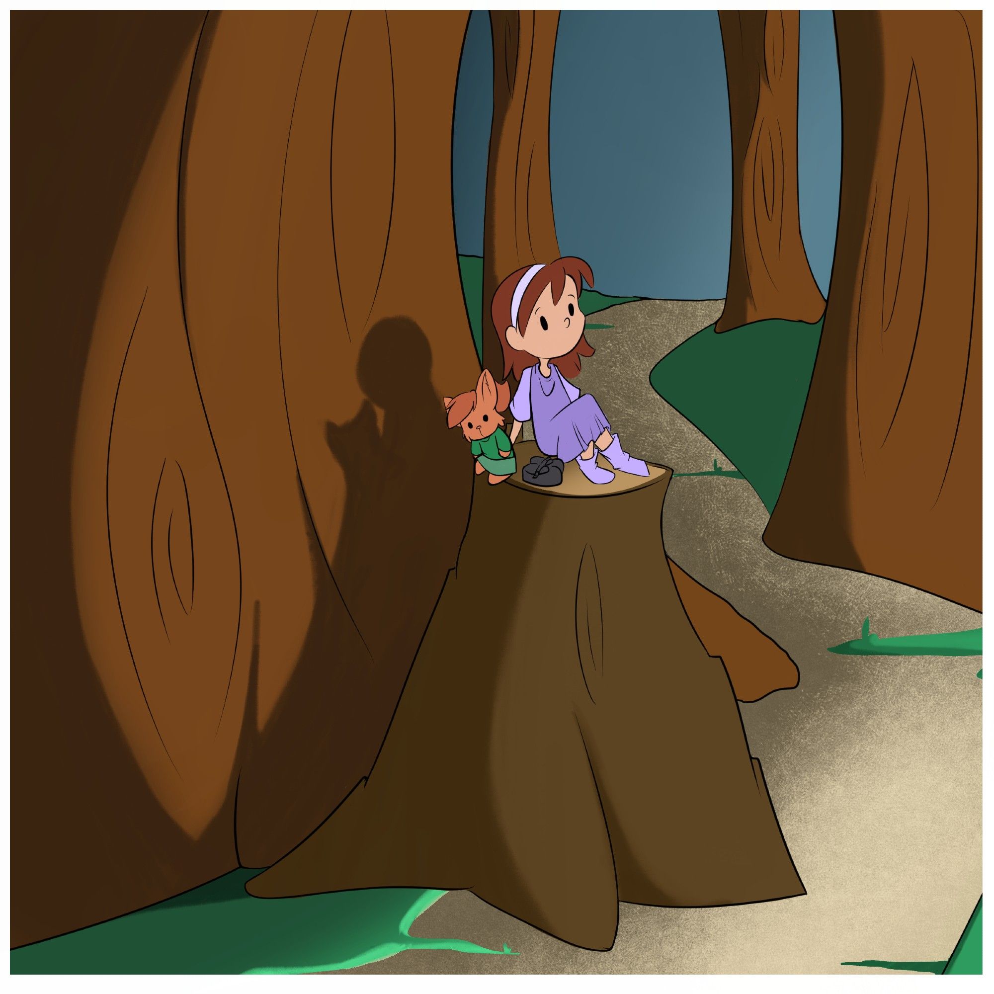 A little girl sitting on a large stump in a forest with a stuffed fox.