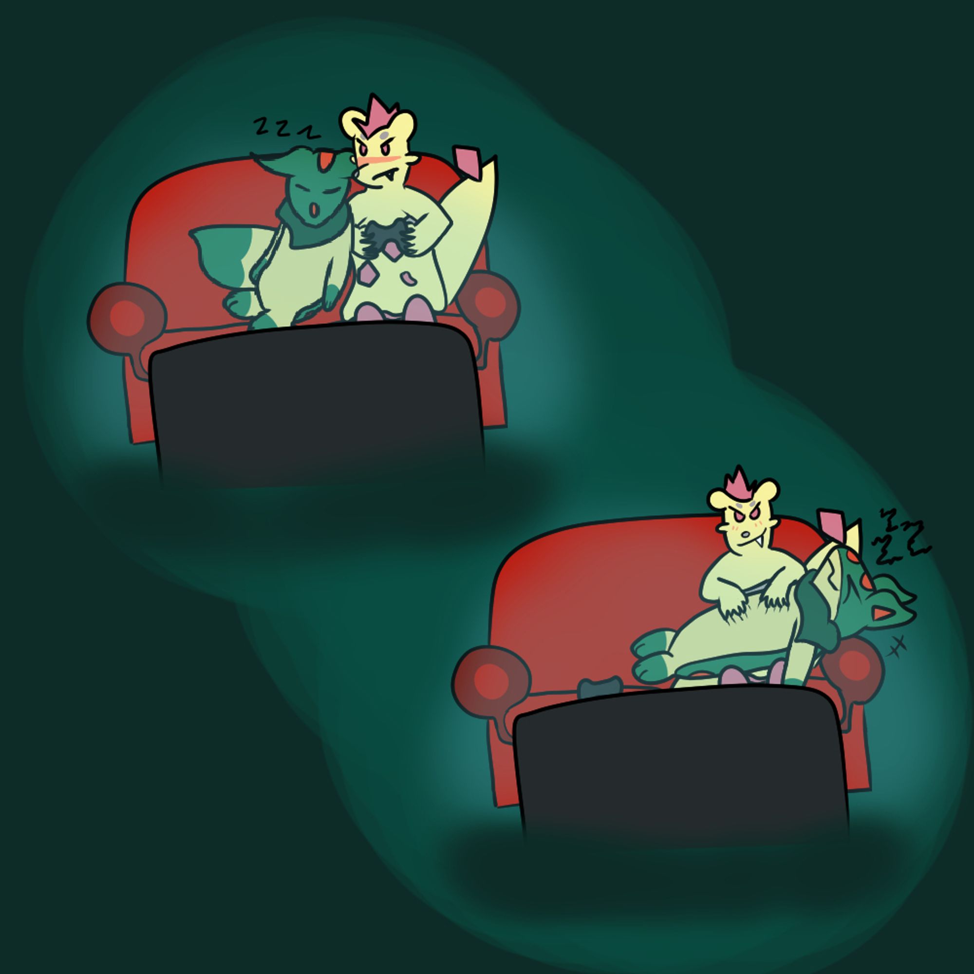 A two-panel comic, with both panels having the characters on the couch in front of a television. In the first panel, Zorquil is sleeping on Crocfoo's shoulder, while Crocfoo looks at them. In the second panel, Crocfoo slips Zorquil into his lap and begins to tickle Zorquil's belly and ribs.