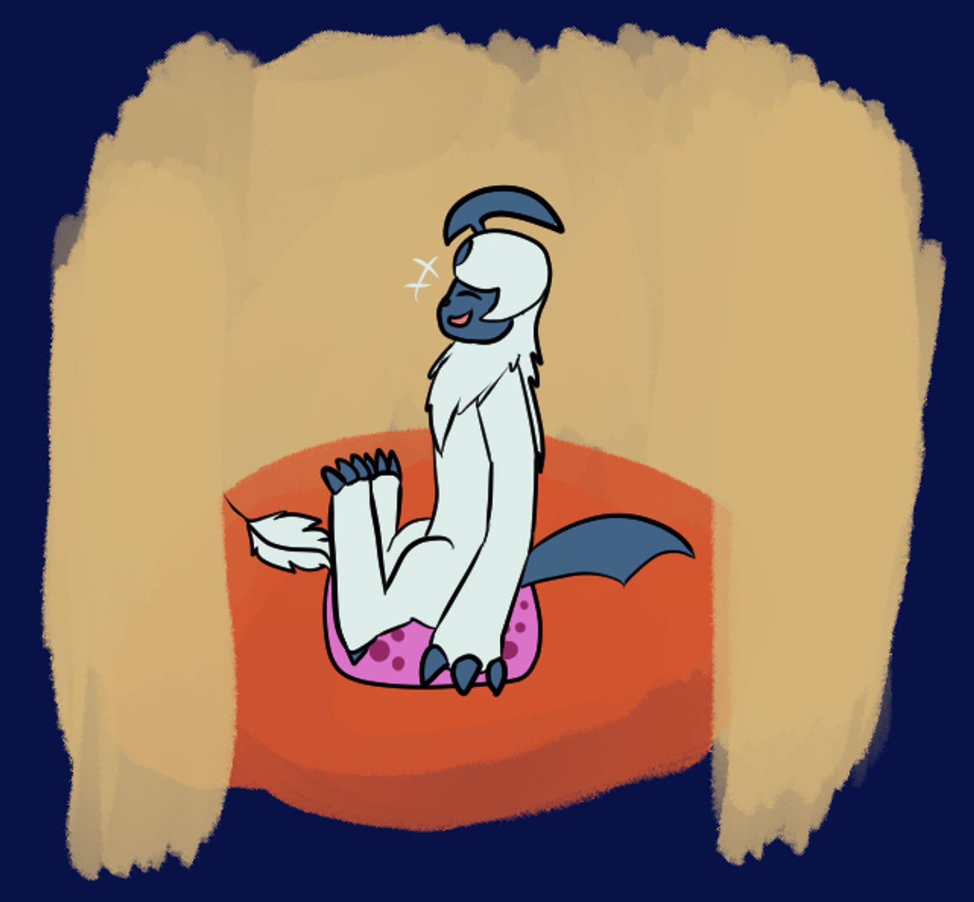 An Absol sitting on a magenta cushion laughing as a feather strokes her foot.