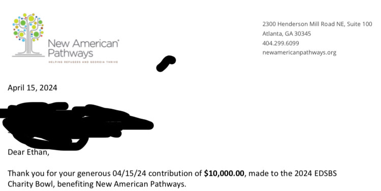 Receipt for $10k donation to New American Pathways.