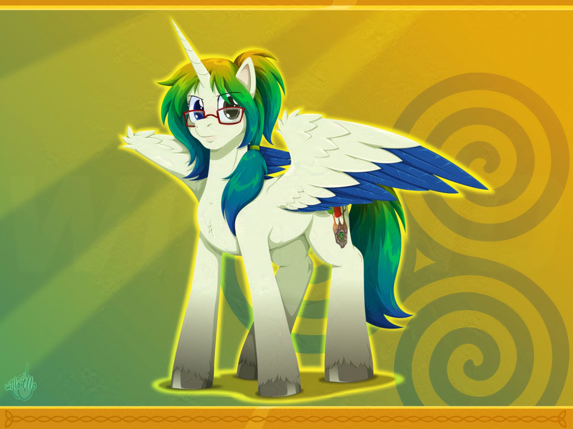 Deciduous Quake, an Alicorn OC from the My Little Pony: Friendship is Magic series. She has a white body, with a mane in a ponytail that gradiates from golden yellow to deep blue, blue wingtips, and red glasses. She's standing with her wings spread in a wide stance, giving a serious look down to the viewer.