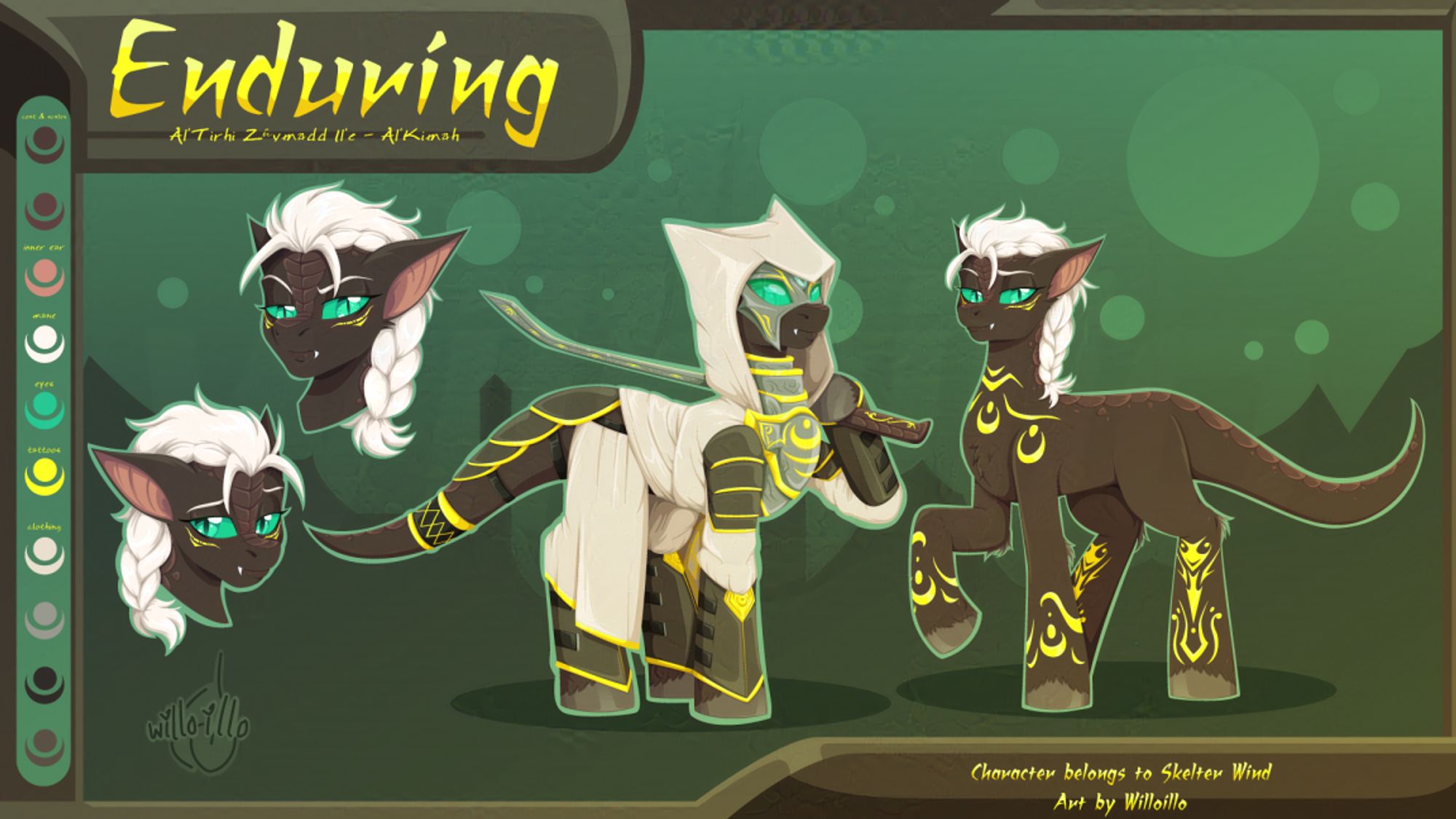 A reference sheet for Enduring, a pony with a long serpentine tail and scales along their back and on their muzzles. There's two full body images; one in a full set of armor with gold filigree as well as a curved blade, and then one with no clothes showing off a series of tattoos along Endurings' legs and chest. In addition there's two emotes, one of Enduring looking stern and disappointed, and the other with an amused smile.