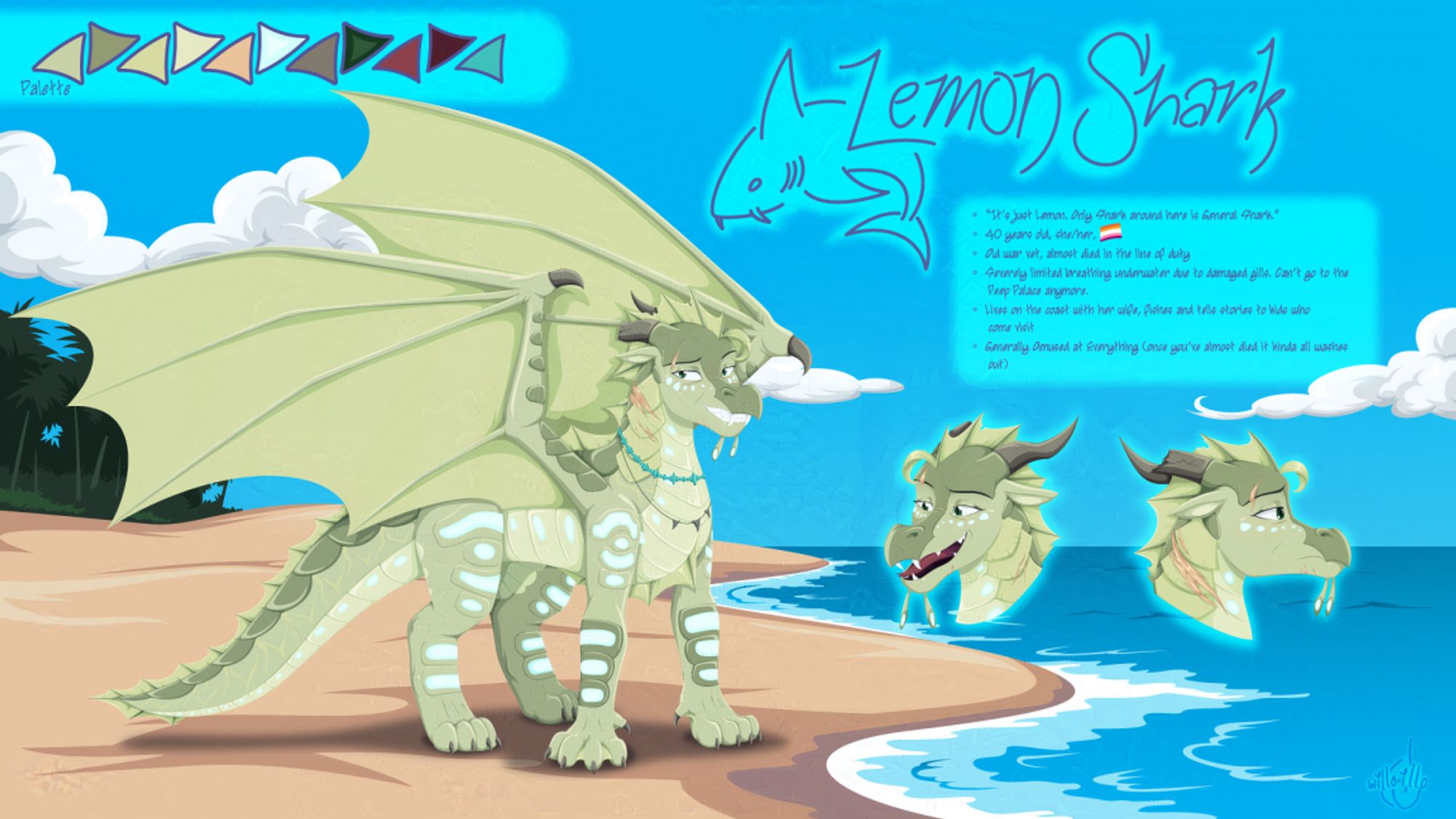 A reference sheet for Lemon, a Seawing OC from the Wings of Fire series. She's colored a yellow color similar to that of the real world Lemon Shark, has noticeable scars over the gills on the right side of her neck, and looks older. There are two emotes, one of her looking amused and saying something, and one of her staring off into the distance with a sad  expression.