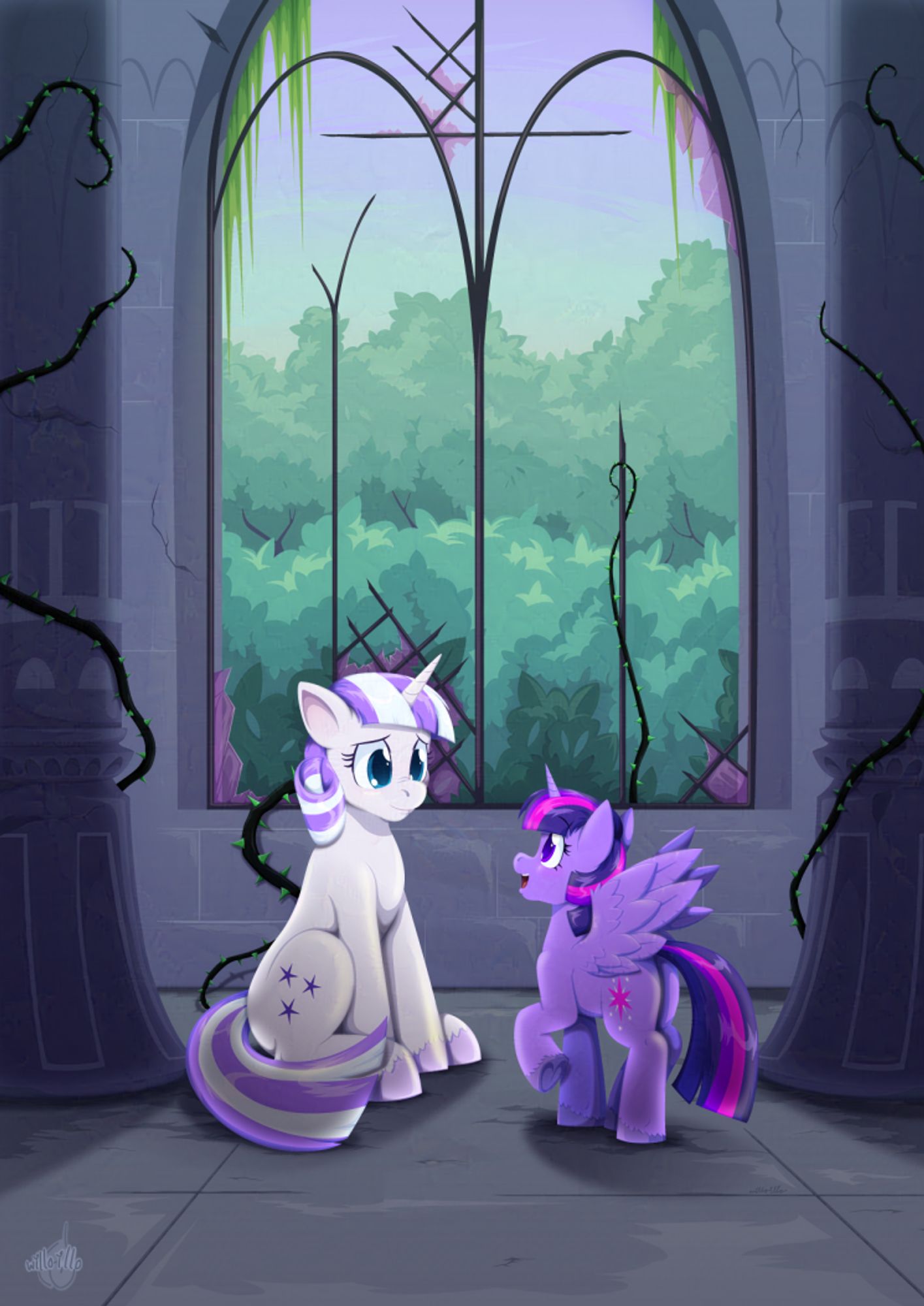 Twilight Sparkle and her mother, Twilight Velvet, from the My Little Pony: Friendship is Magic series. Twilight Sparkle is an alicorn and looks excited, and Twilight Velvet is looking at her happily. They're sitting in the entrance hall of the Castle of the Two Sisters, framed by a blown out window with early morning sunlight streaming in through the forest canopy in the distance. 