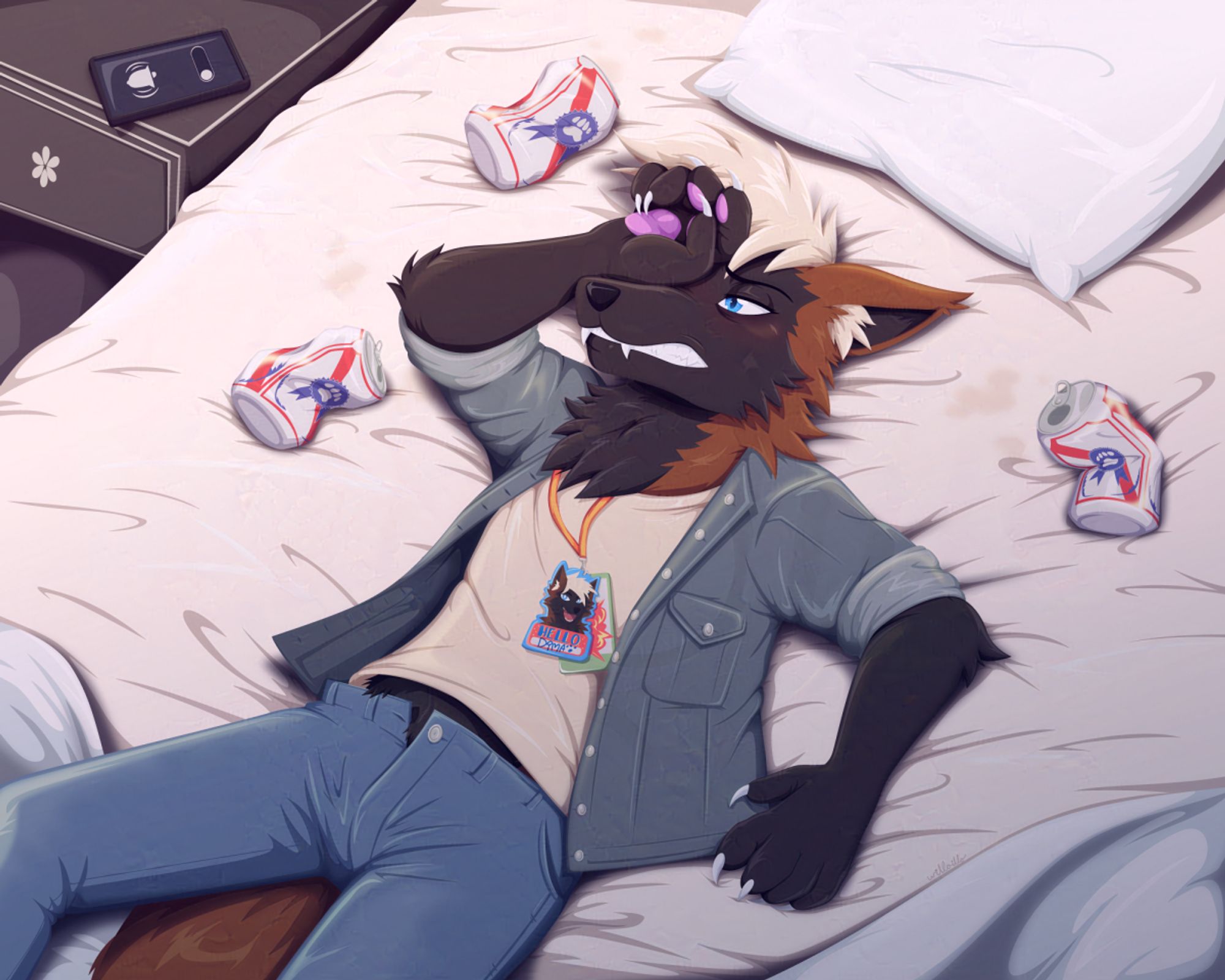 A cross fox furry character in a jeans jacket, white shirt and blue jeans, lying down on a bed and staring up at the ceiling. They have a hand covering one of their eyes and they're clearly in pain. Surrounding them are crushed beer cans, and around their neck is a con badge.