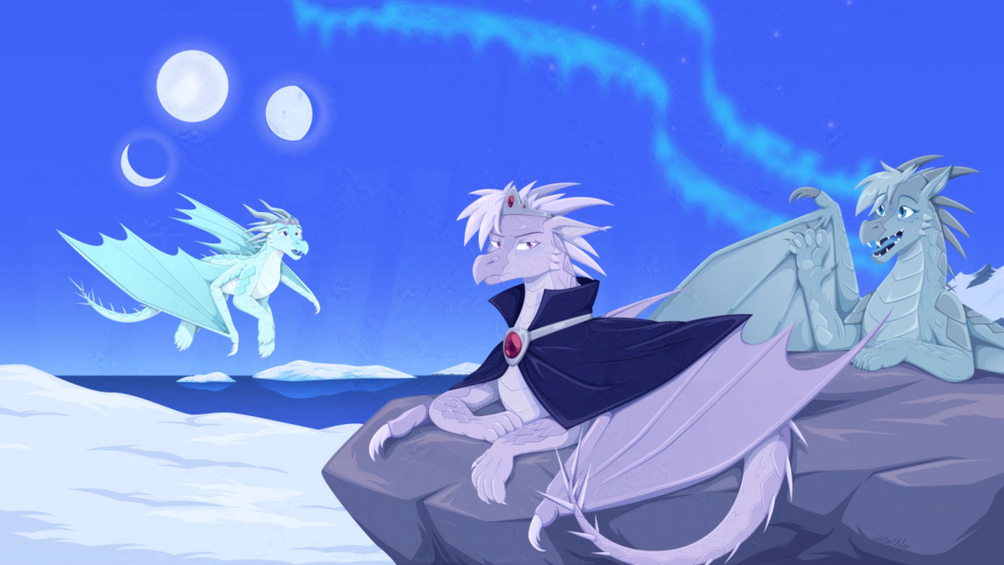 A polar arctic scene with three Icewings from the Wings of Fire series. The one in the front, Snowfall, has a blue cloak on and is looking incredibly unamused while lounging on a rock. Behind her in a dark blue-grey, Lynx is waving at her with a happy expression. Off in the distance, Winter is flying towards them 