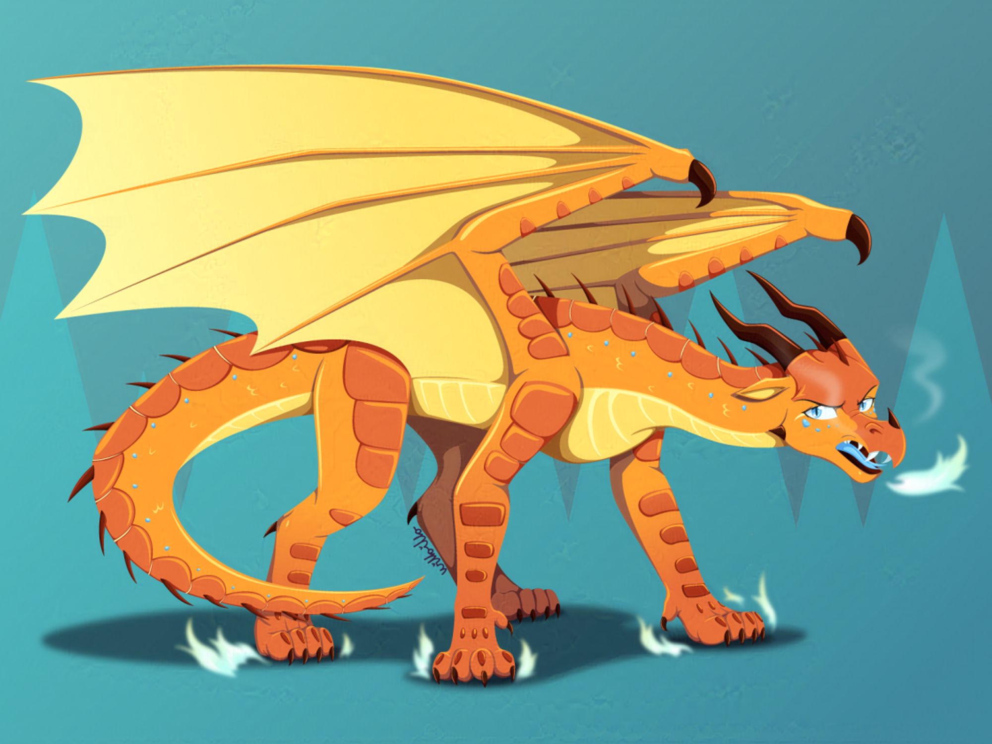 A picture of Peril from the Wings of Fire series, a red-orange Skywing dragon with a bright yellow underbelly and flame and smoke coming off of her. She's posed with her head low and her legs spread wide. From where her feet are planted and from her mouth are coming small licks of bright blue flames.