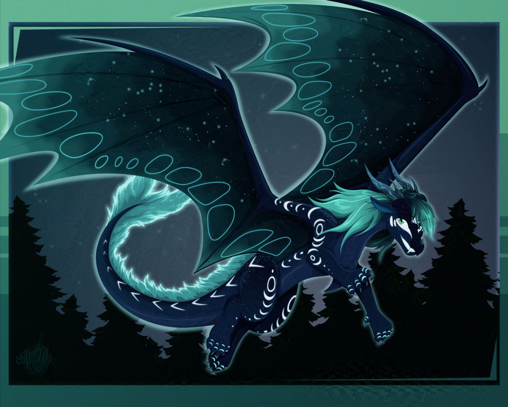 Midnight, A dark blue dragon with a green mane that turns into a flowing crest of waves across her back, is flying over a forest at late dusk. She has white markings that are clearly glowing, as well as patterns under her wings and along her shoulders, hindlegs and back that glow like stars.