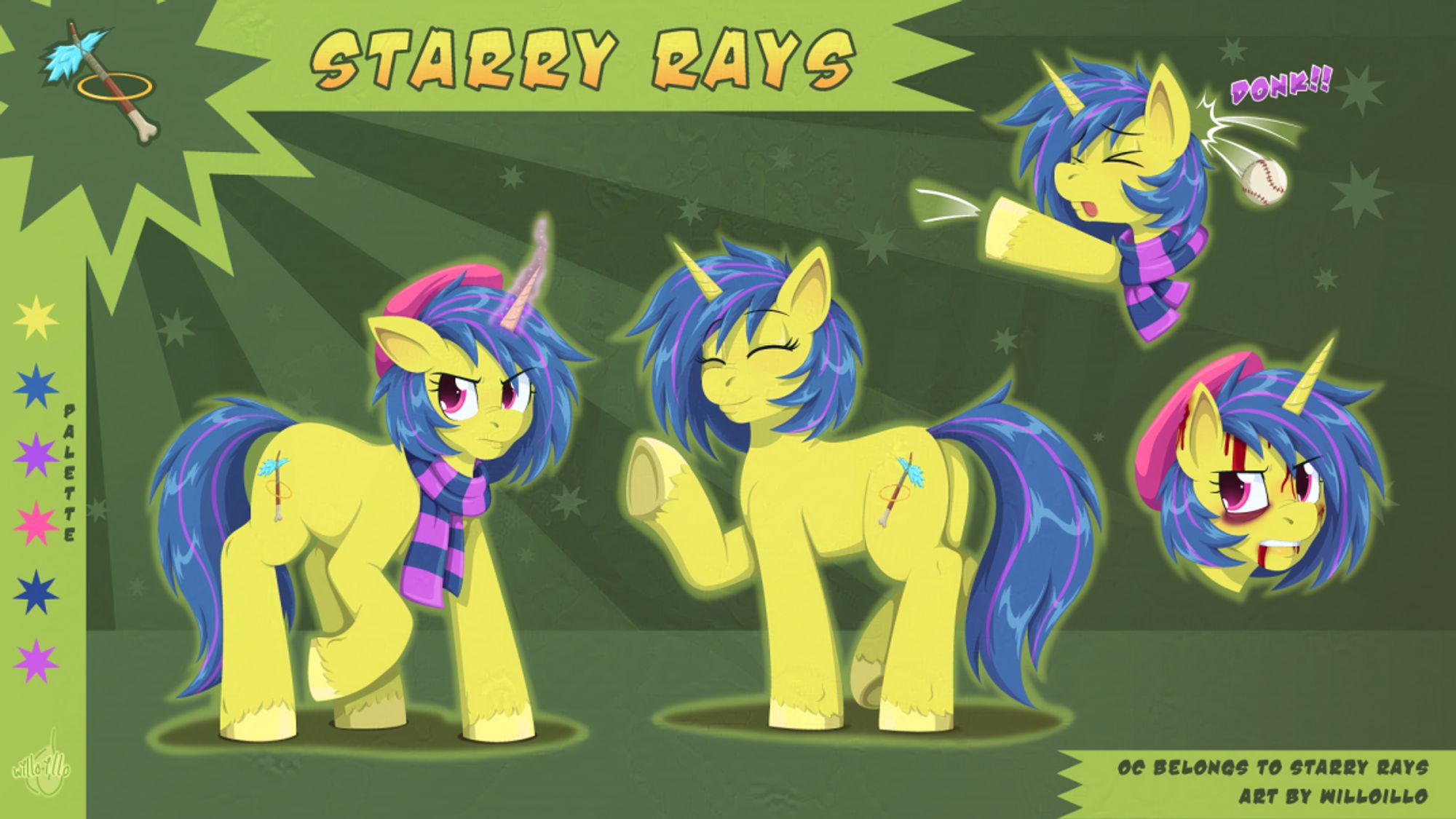 Reference sheet for Starry Rays, a highlighter yellow unicorn with a blue mane 