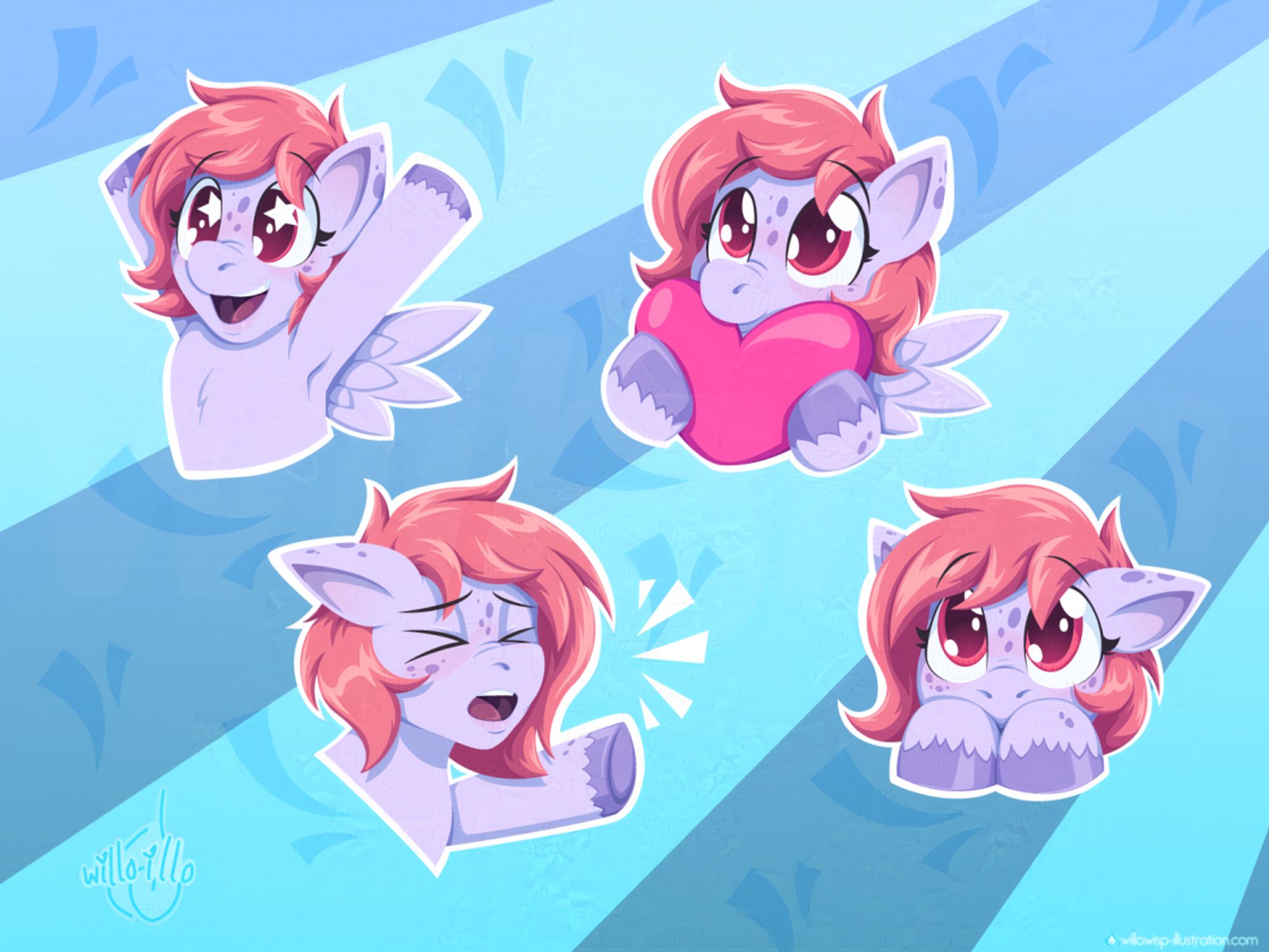 Four emotes of Cloudy, a pale lavender pegasus pony in the style of the MLP series with bright red hair and purple freckles on their face and hooves. One emote is of them holding a heart in front and smiling, one is them peeking from behind their hoovsies, one has them holding their hooves in the air and cheering, and one has them squinting and raising a hoof in a battle cry. 