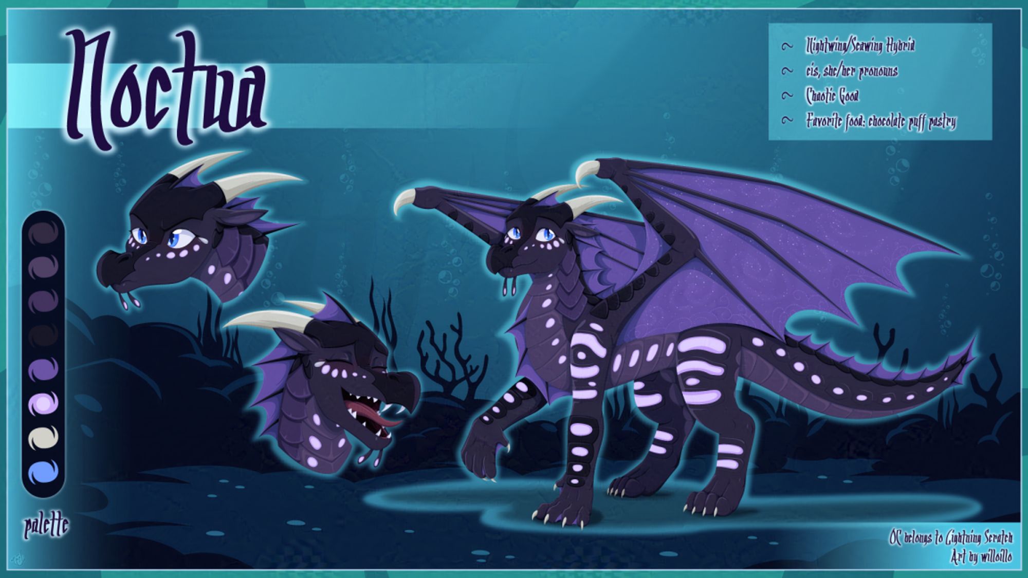 A reference sheet for a Wings of Fire OC named Noctua, a Seawing/Nightwing hybrid. She looks like a standard Seawing, but has black scales along her spines, silver scales next to her eyes and in star patterns on her wings. Included is also two emotes; one of her trying very hard to look grumpy and not quite succeeding, and one of her laughing cheerily