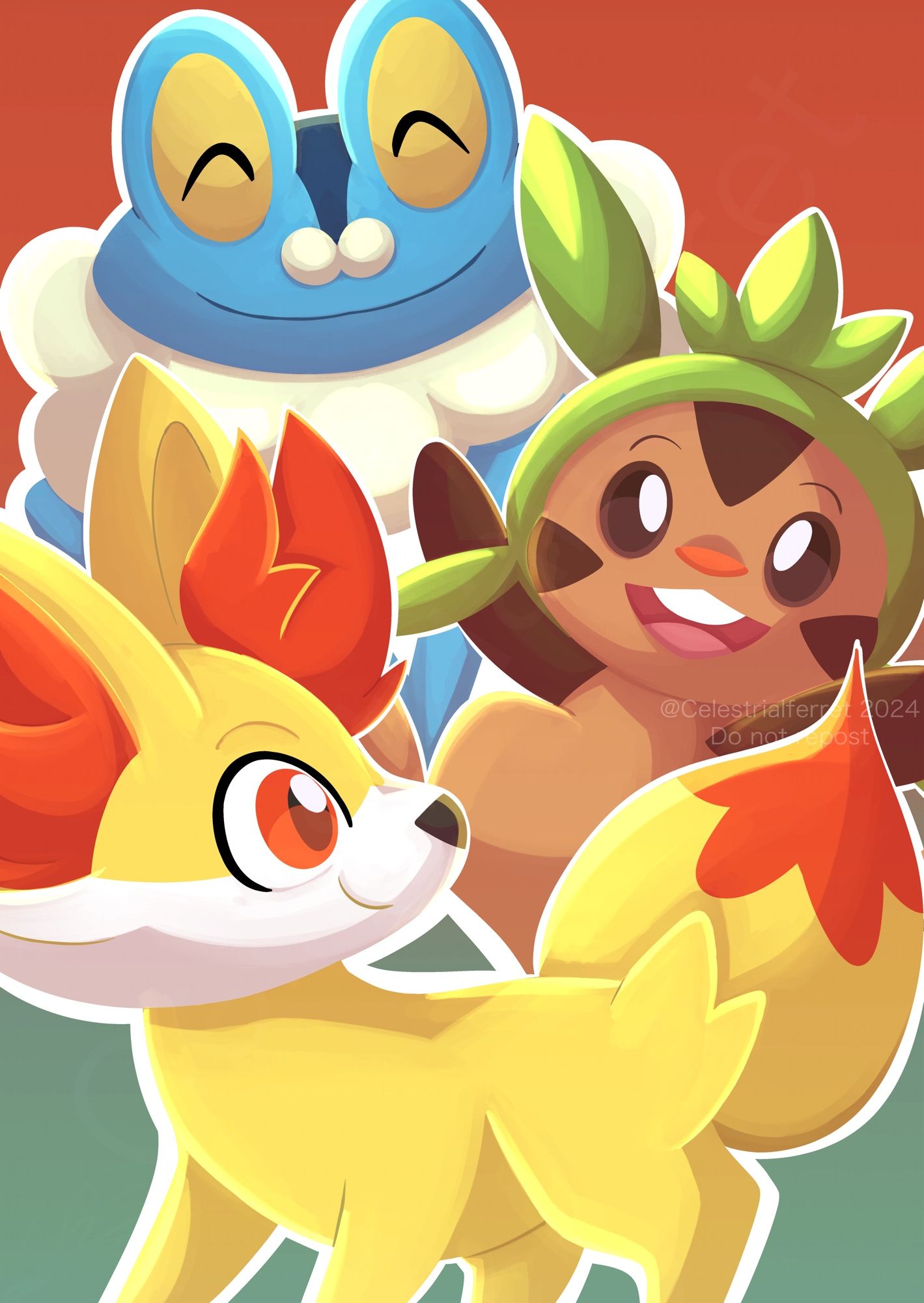 A illustration of the Kalos starters, fennekin (bottom), Chespin (middle right) and froakie (top) on a red and Green/blue background. All three are happy and smiling