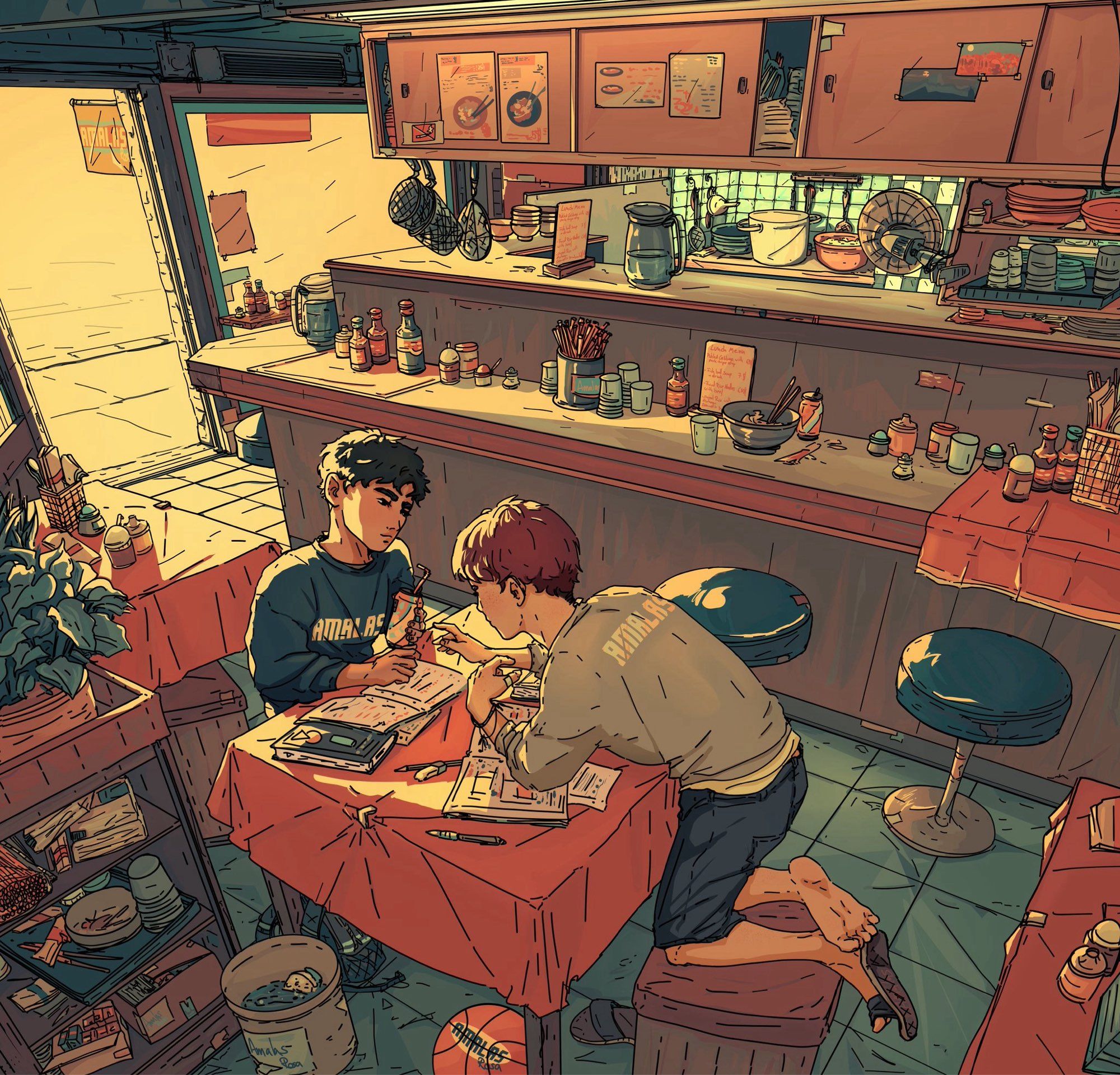 Digital art of original characters Aran and Tao as kids doing their homework on a small table in the middle of a cluttered small restaurant