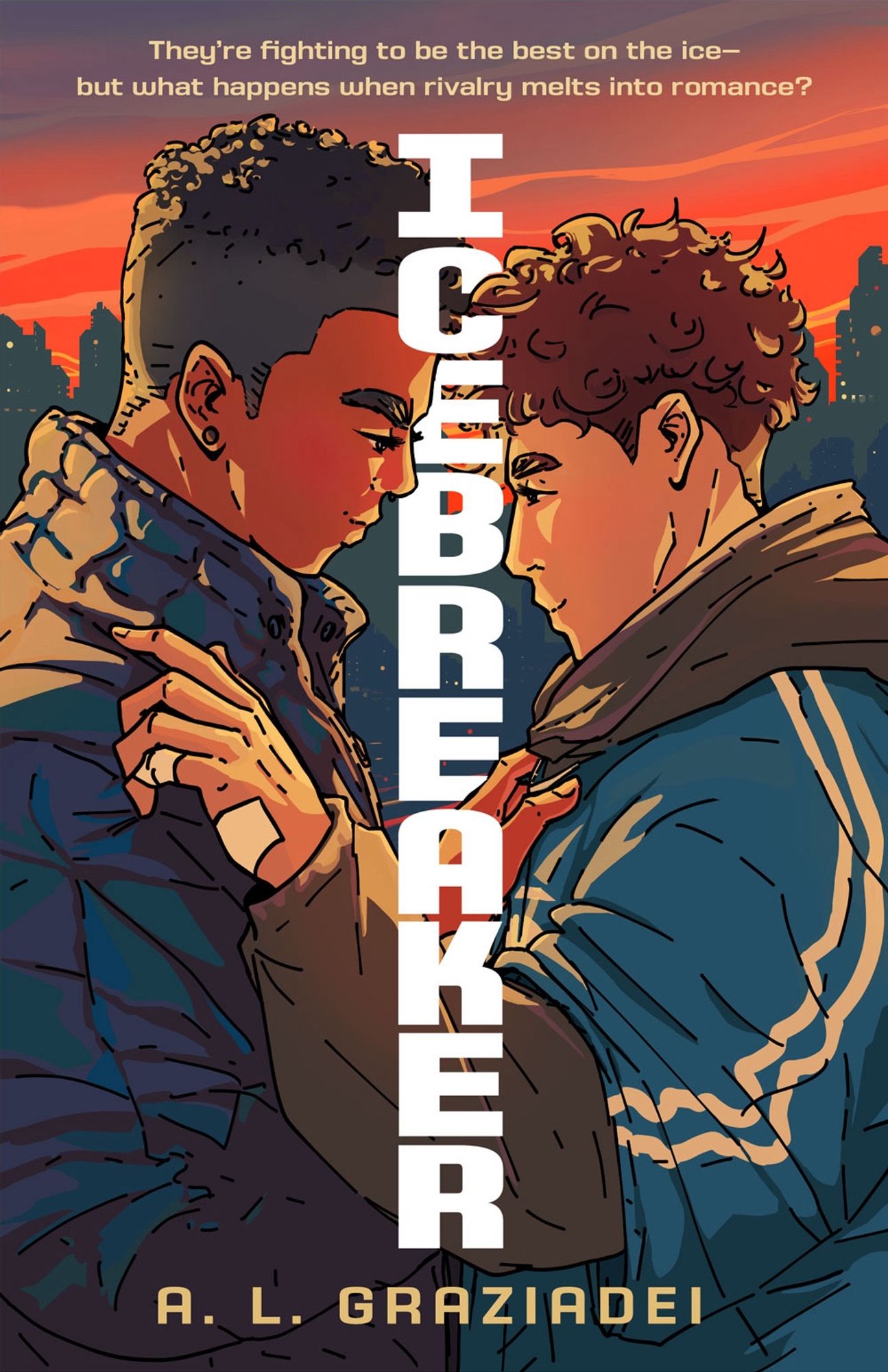 Bookcover for the book ICEBREAKER by A.L Graziadei. Cover design by Liz Dresner, and the cover art, showing the two main protagonist looking at each other as the grab each other at the collars, by me 