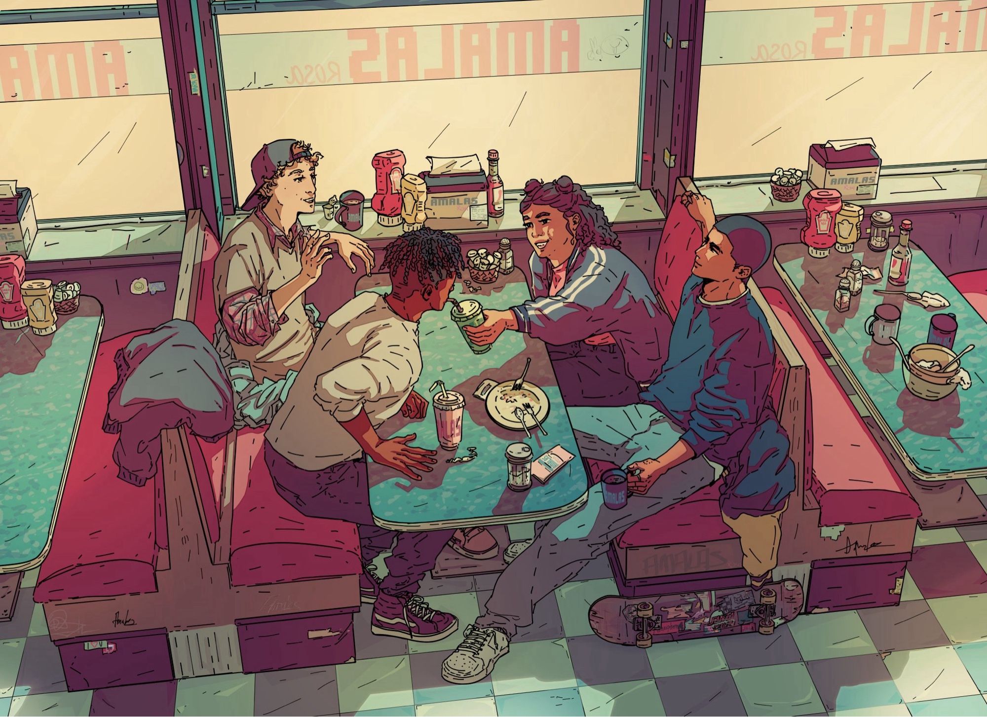 Digital art of original character Aran with his three friends Jaden, Eric and Marina sitting in a diner booth sharing drinks