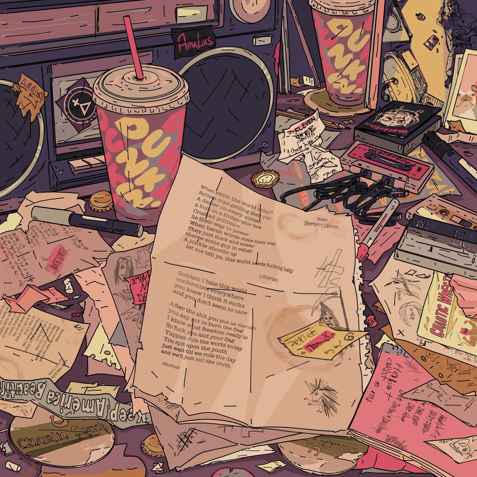 Digital art work of mine showing a table full of clutter. From papers with lyrics on them, to notebooks, stickers, pens, cassette tapes, cups and much more