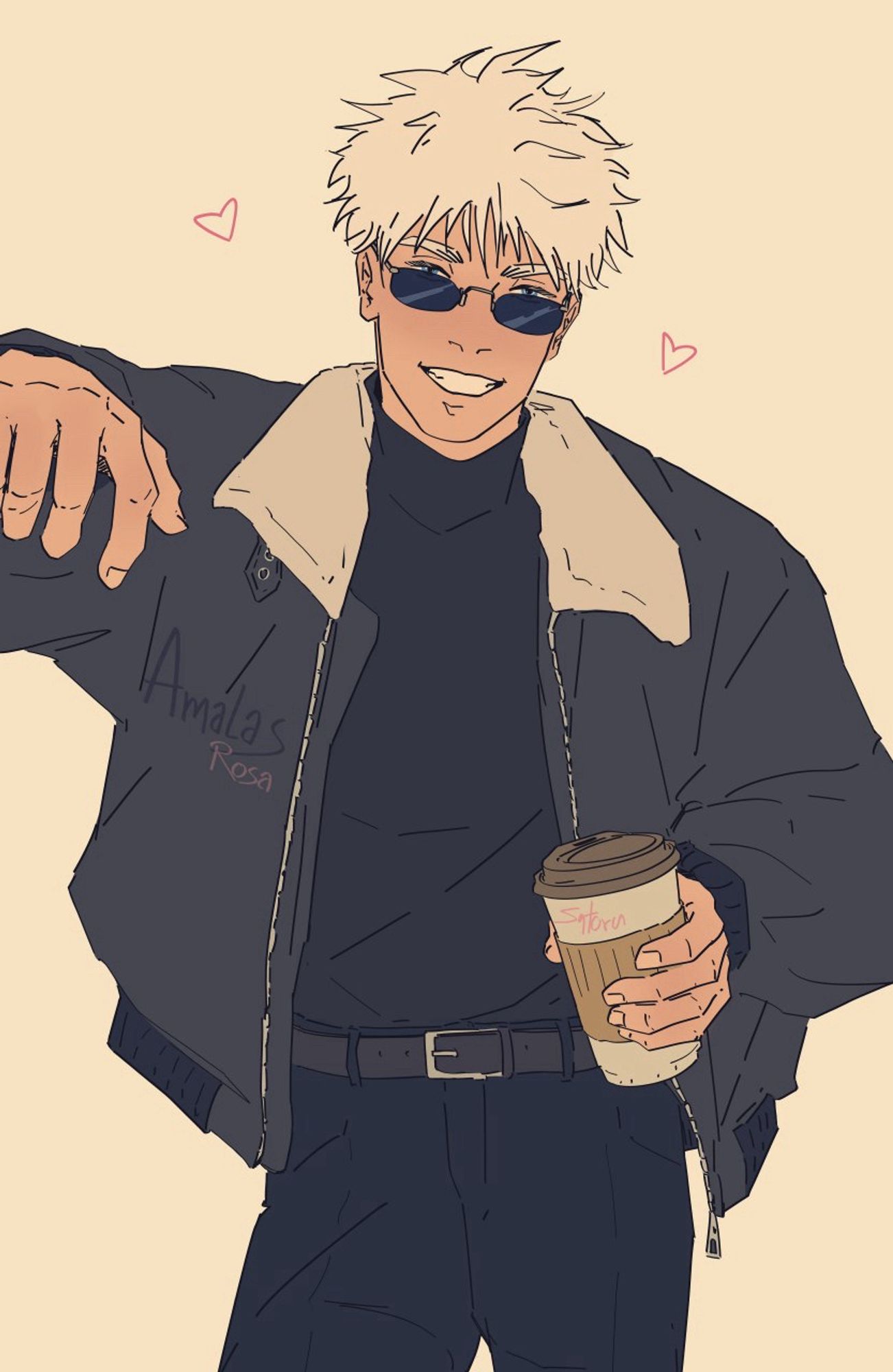 Fanart of fictional character Gojo Satoru from the manga and anime jujutsu Kaisen. Showing him in casual clothes, black trousers, black turtleneck, dark black bomberjacket and sunglasses. He’s holding a coffee to go and smiling at the viewer