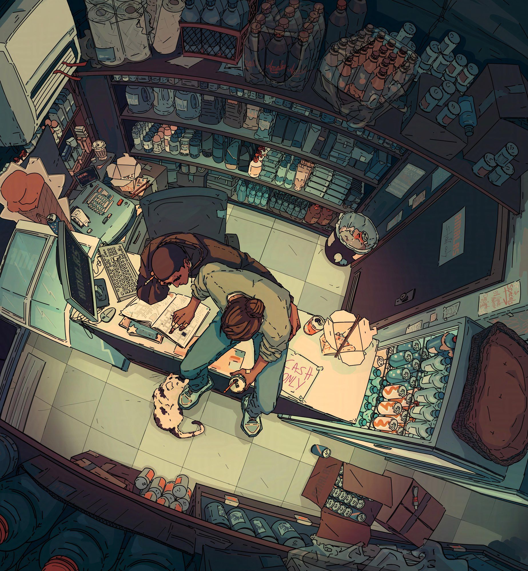 Digital art of original character Aran and Tao sitting at the counter of a Bodega and doing a crossword puzzle together. The pic is from a top view and we’re looking down at the two men like from a security camera.
🏀🦀