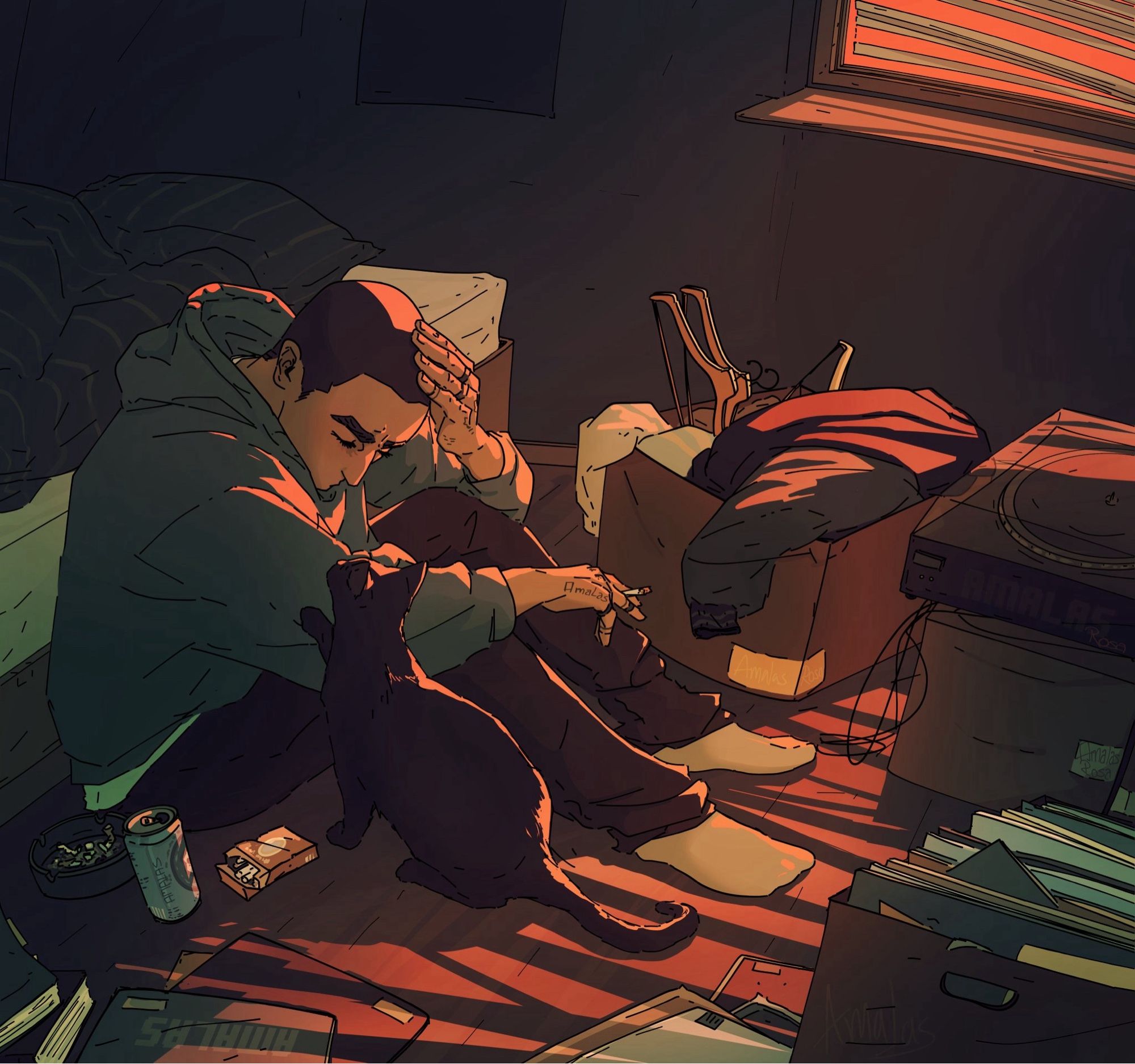 Original digital artwork of original character Aran as an adult sitting depressed on the floor in a bedroom surrounded by moving boxes, as his black cat tries to comfort him