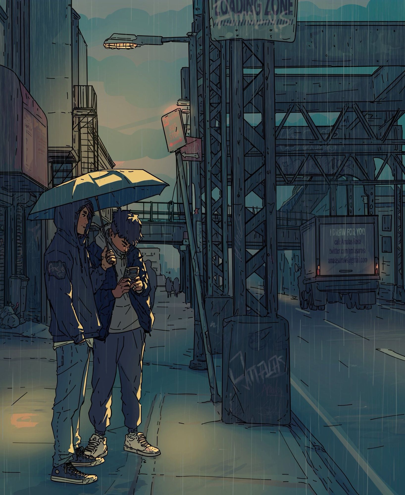 Digital art of original characters Aran and Tao sharing an umbrella on a rainy evening as they wait for the bus 