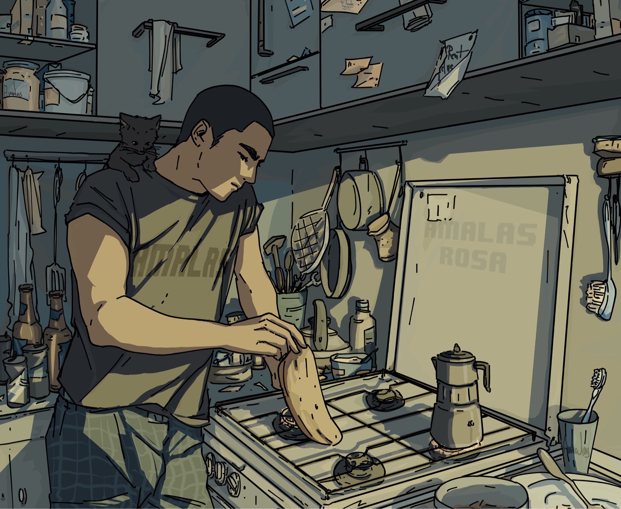 🏀🦀 Oc Aran, a young man, standing in his kitchen, holding a flat bread over the flame of the gas stove, while a small kitten sits in his shoulder. He looks tired and a bit depressed. His kitchen is cluttered and a bit messy.