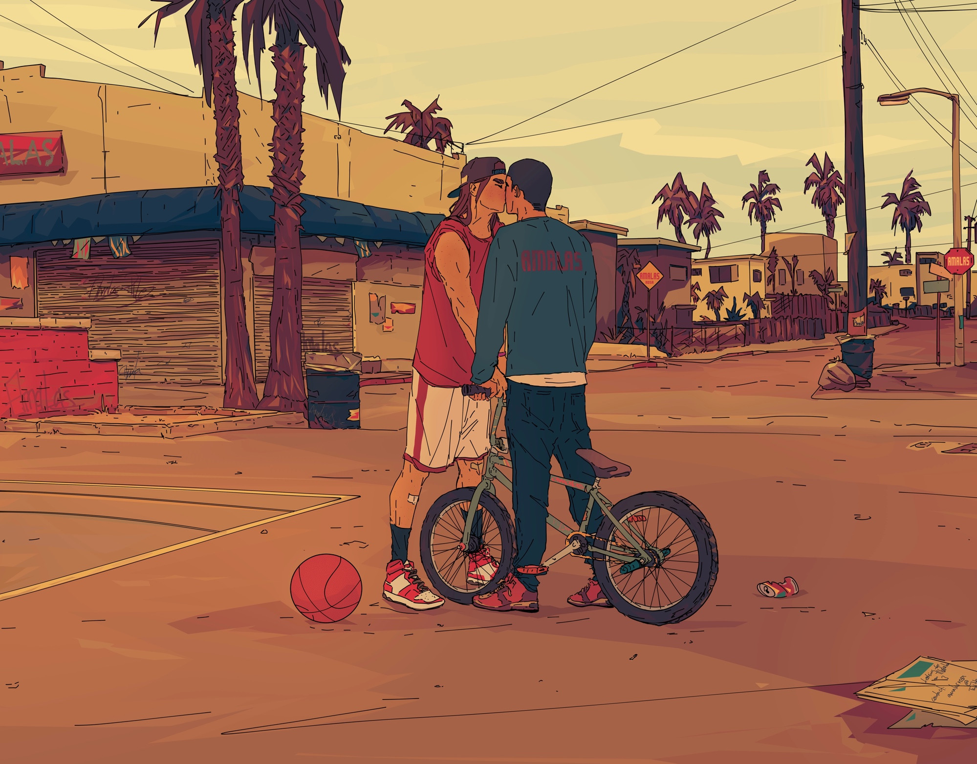 Digital art of original characters Aran and Tao kissing on the side of a street court. Aran stands avoided his bmx bike and kisses Tao over the handlebars, while Tao has his hands in the handlebar. It’s a warm day, the sky is a big hazy, the overall colors are warm and muted. In the back there are some buildings and palm trees 